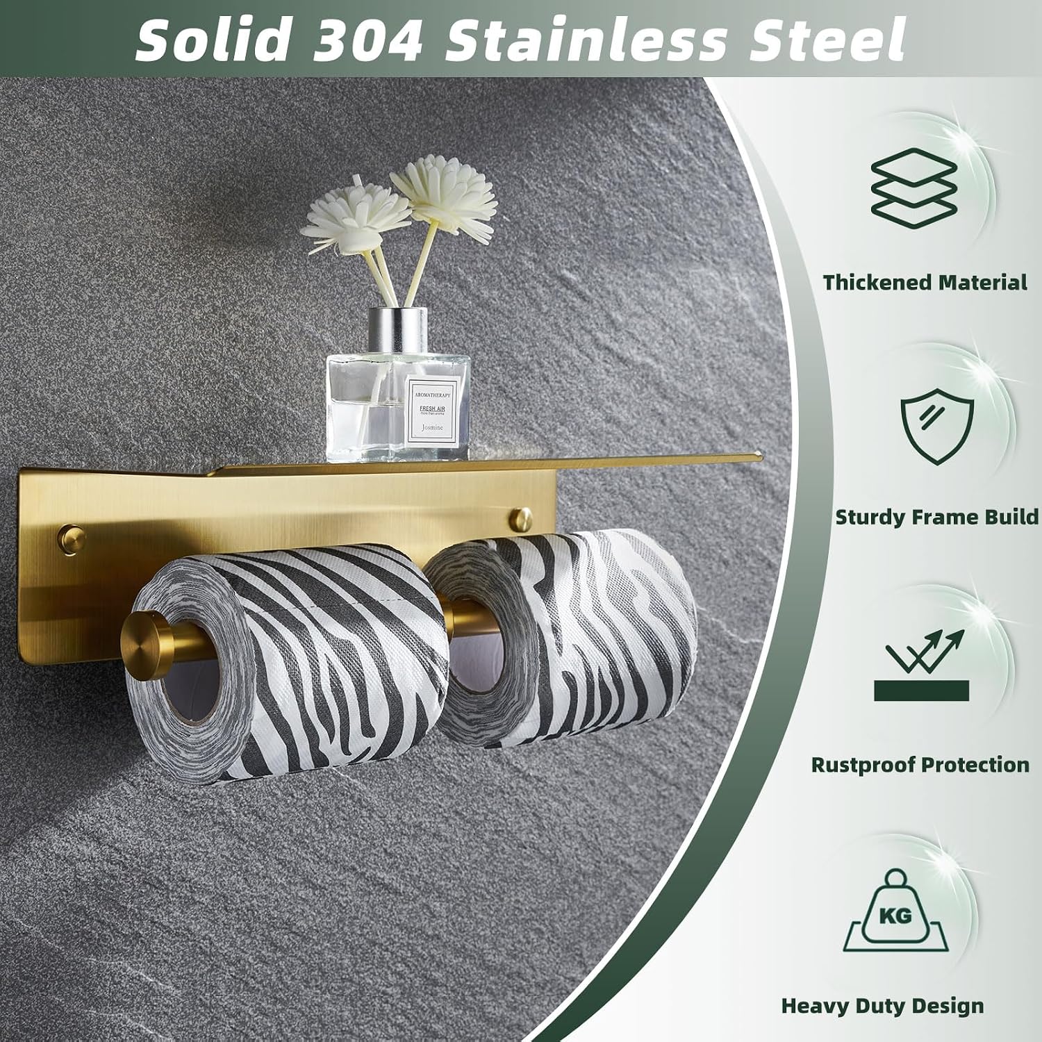 APLusee Double Roll Toilet Paper Holder, Brushed Gold, 304 Stainless Steel | Wide Utility Shelf, Phone & Wet Wipe