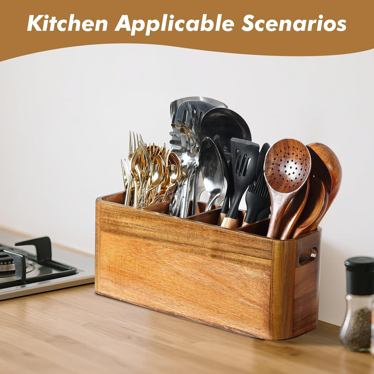 Kitchen Utensil Holder for Counter or Countertop, Extra Large Acacia Wood Organizer with 4 Compartments, Wooden Storage