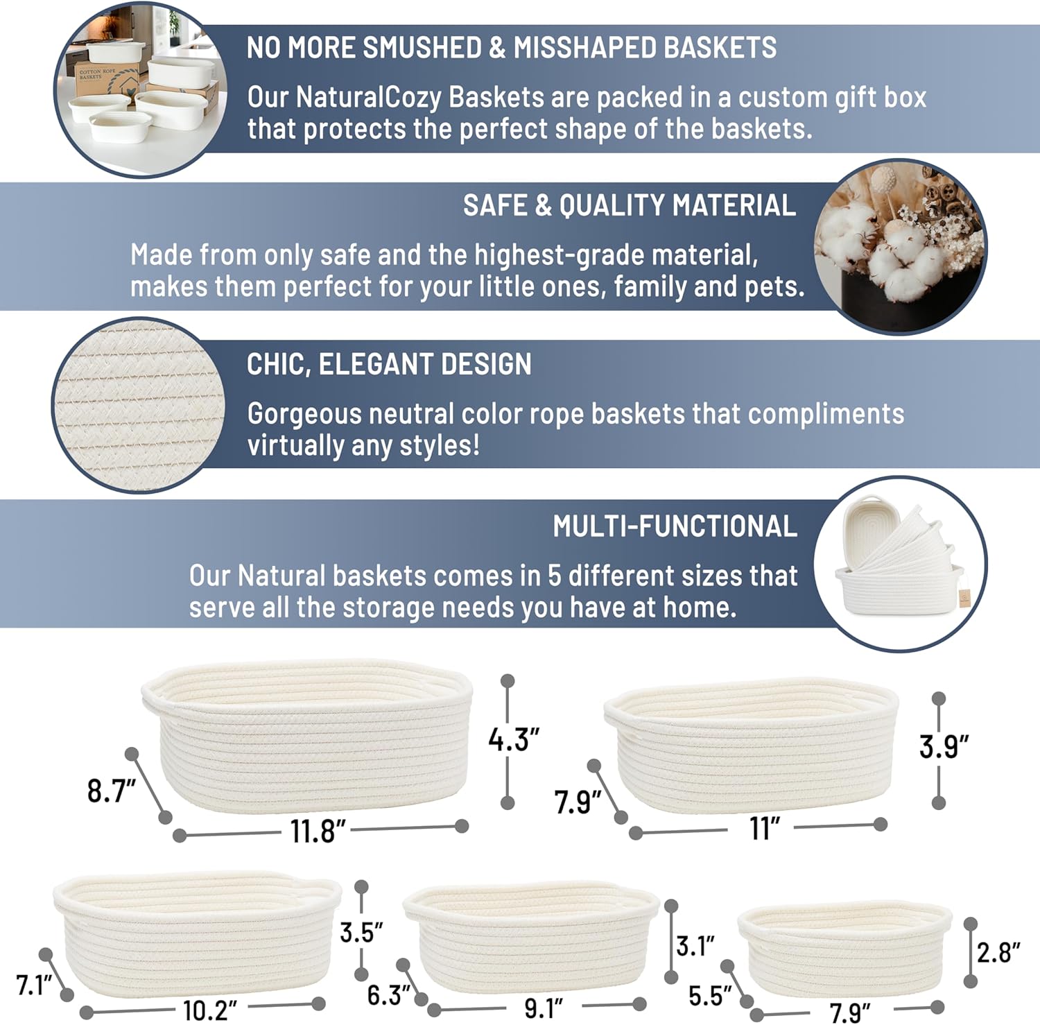 5-Piece Rectangle Storage Basket Set- Natural Cotton Rope Woven for Organizing! Small / Off White