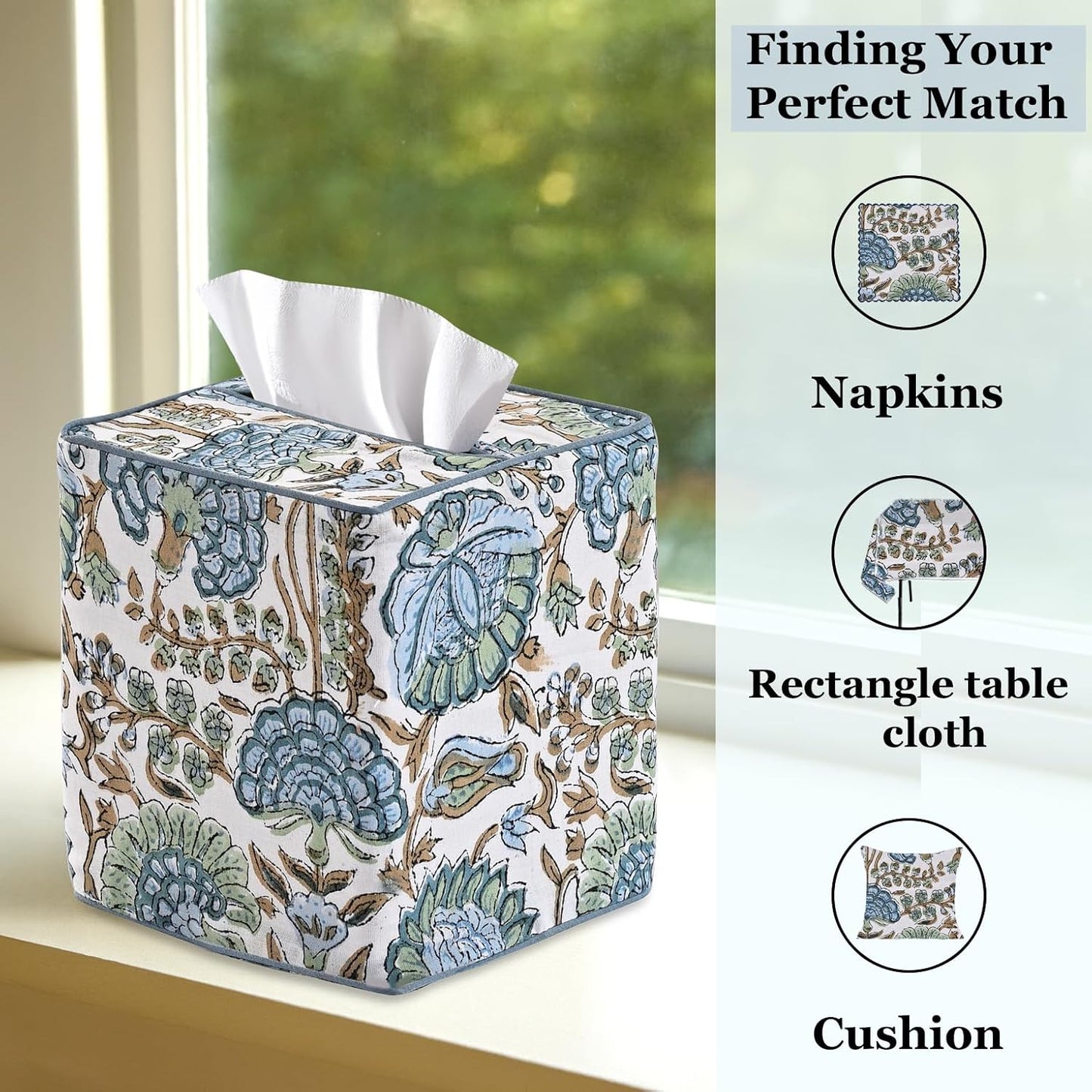 Block Print Tissue Box Cover Handmade Cotton Fabric Decorative Square Napkin / Asparagus Green