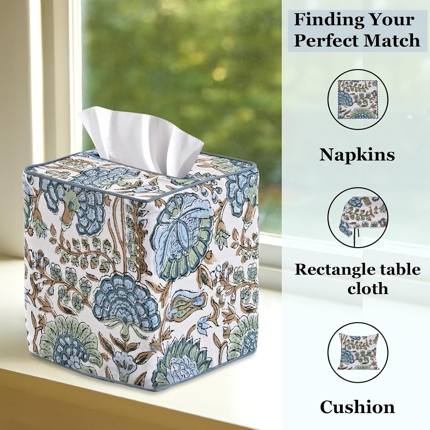 Block Print Tissue Box Cover Handmade Cotton Fabric Decorative Square Napkin / Asparagus Green
