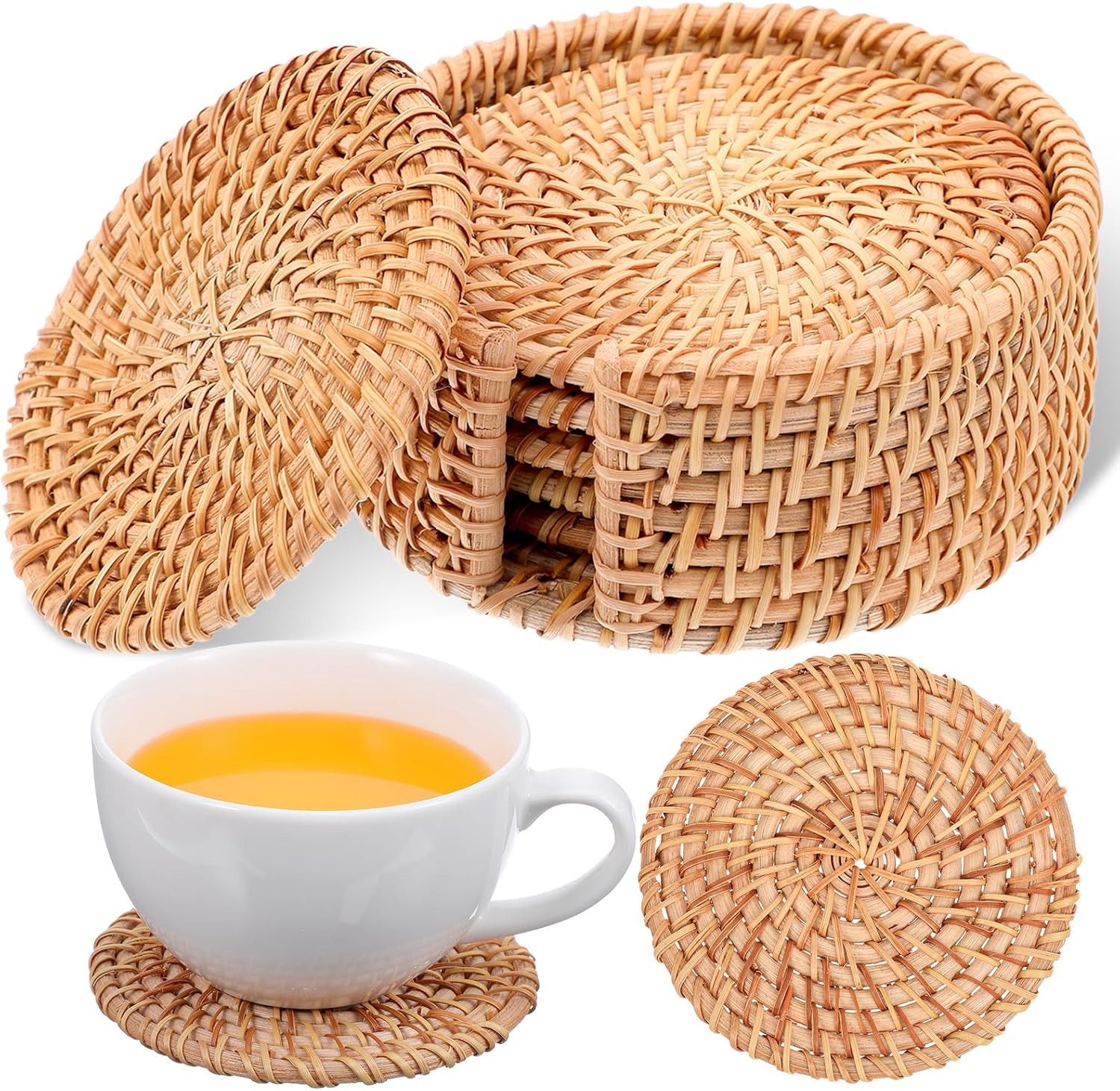 2 Holders / Rattan Coasters Set / Natural / Set of 12