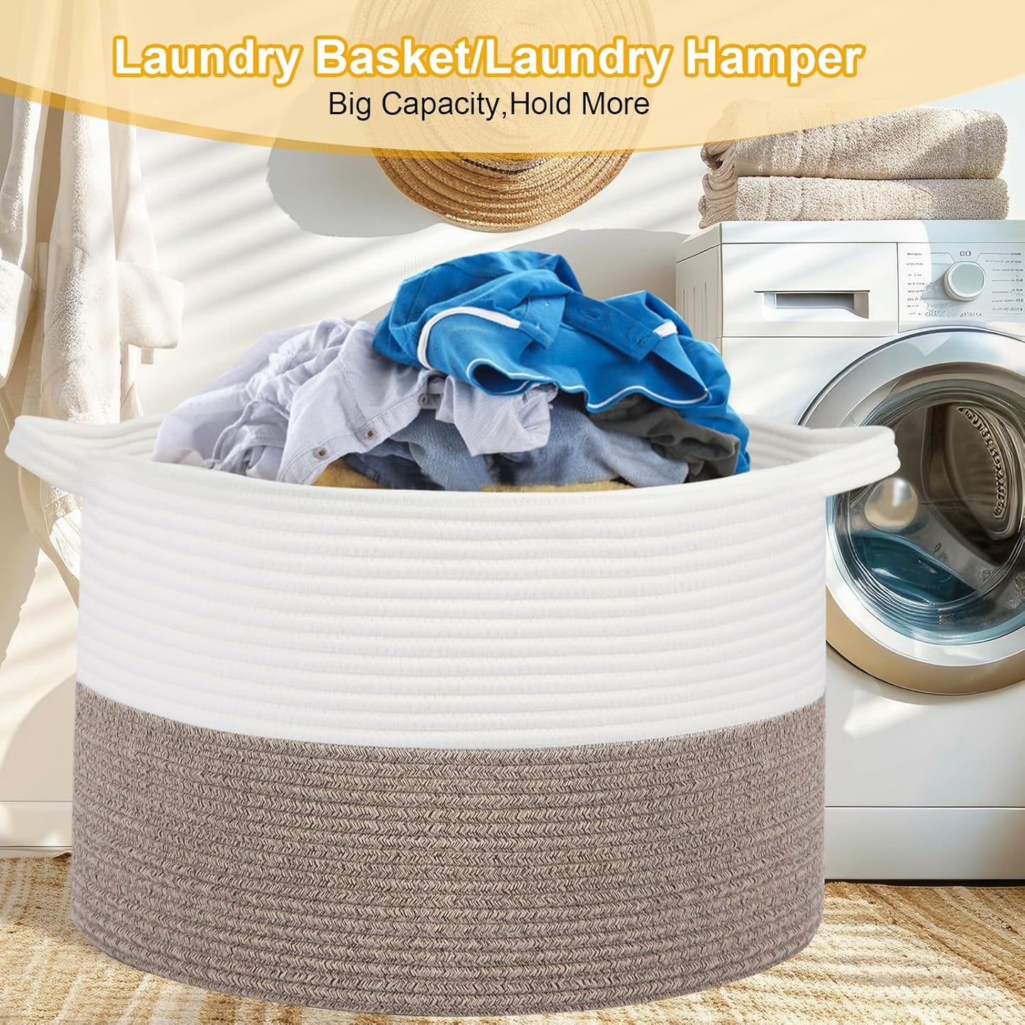 Large Laundry Basket 22''x14''Woven Cotton Rope Baby Blanket Basket / White//brown / 100L