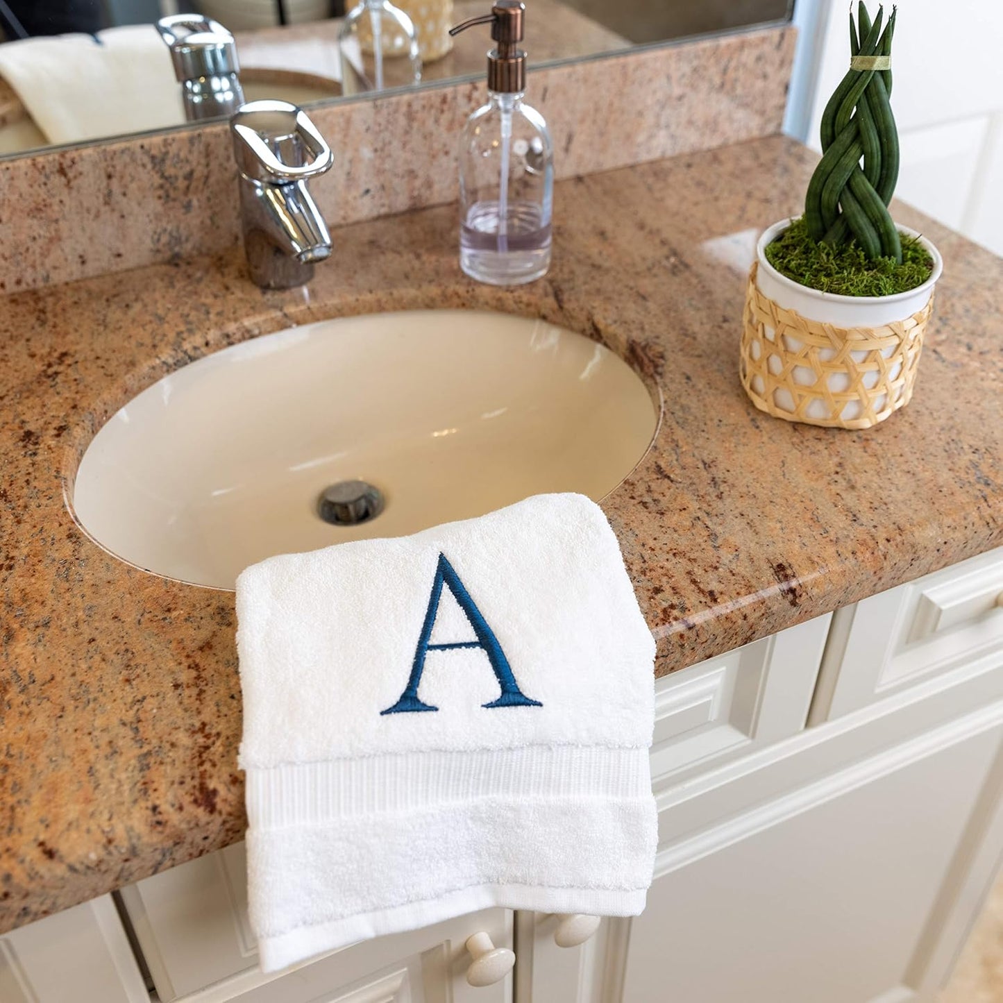 White with Navy Monogrammed Hand Towels for Bathroom - Set of 2 Letter A | Luxury Hotel Quality Initial Towels For