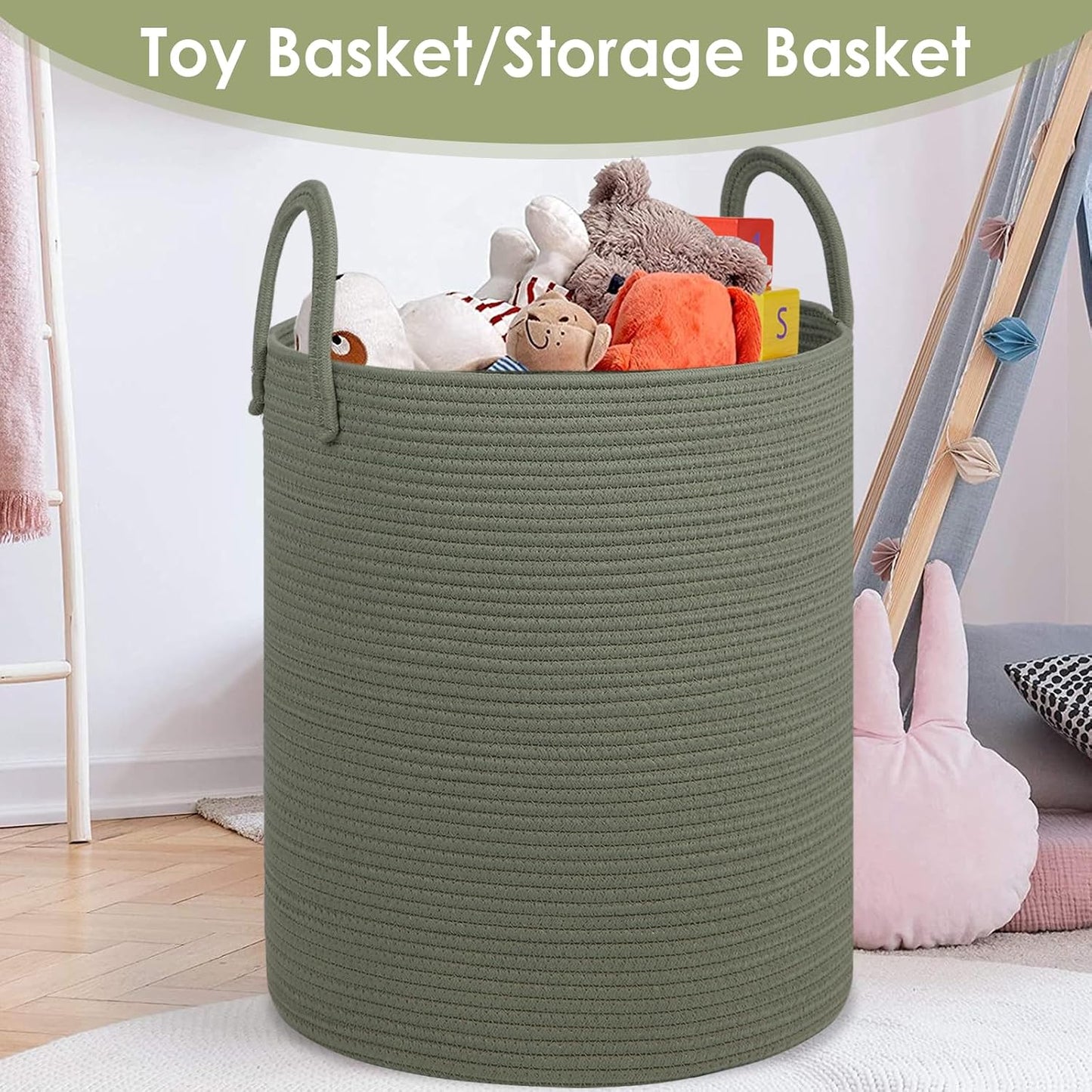 Laundry Basket / Cotton Rope Storage Basket / Green / 100L / 18 x 18 x 22