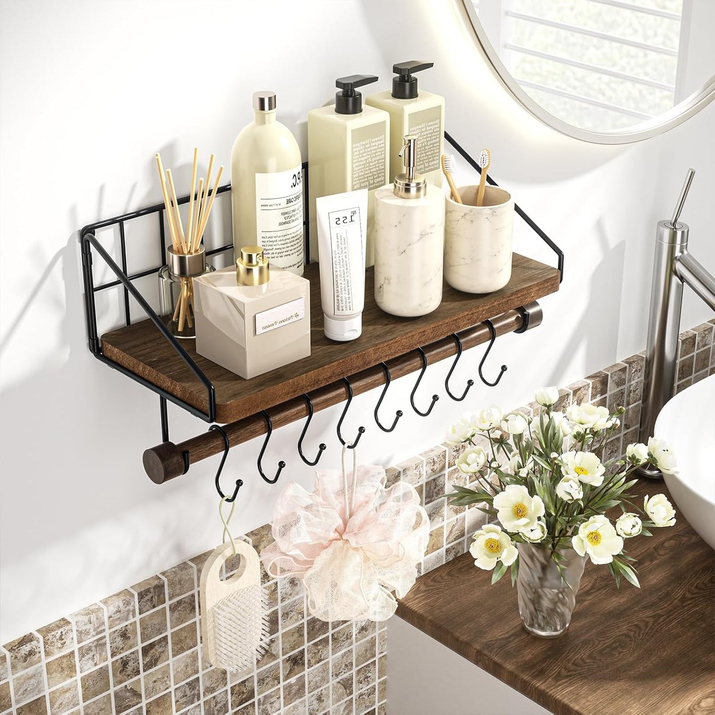 Alsonerbay Floating Shelf Coffee Bar Shelf with Towel Bar, Dark Brown | 8 removable hooks, solid wood, space-saving