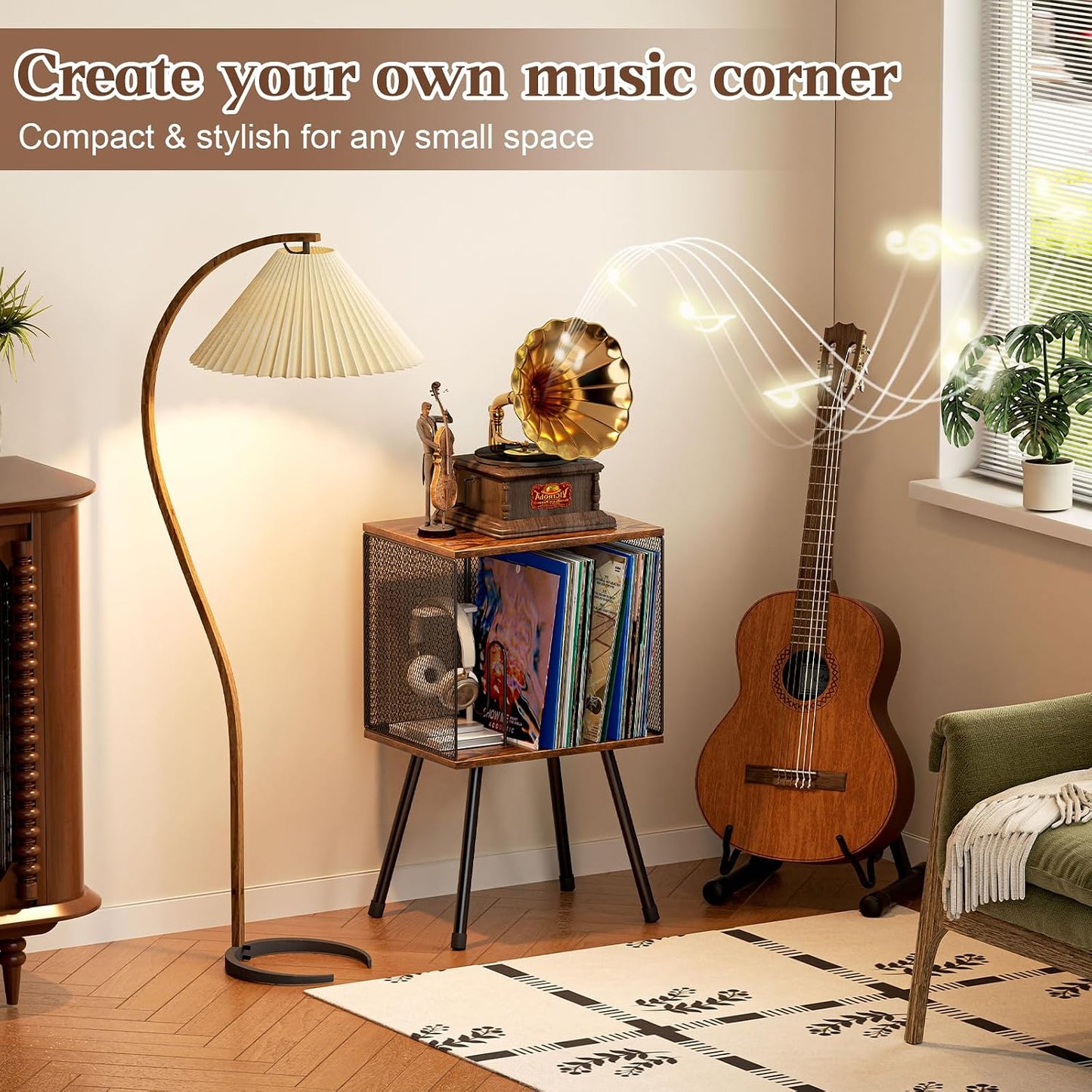 X-cosrack Record Player Stand with Storage up to 100 Albums, Retro Small Vinyl Record Holder - Adjustable Divider