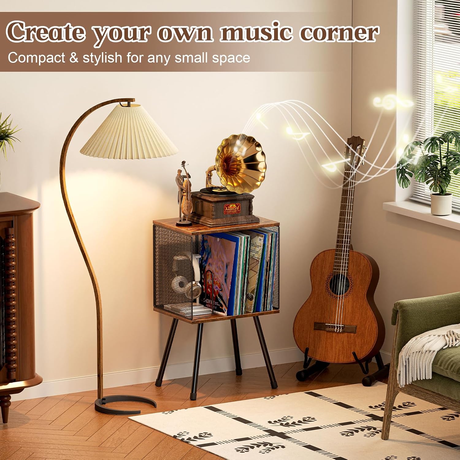 X-cosrack Record Player Stand with Storage up to 100 Albums, Retro Small Vinyl Record Holder - Adjustable Divider