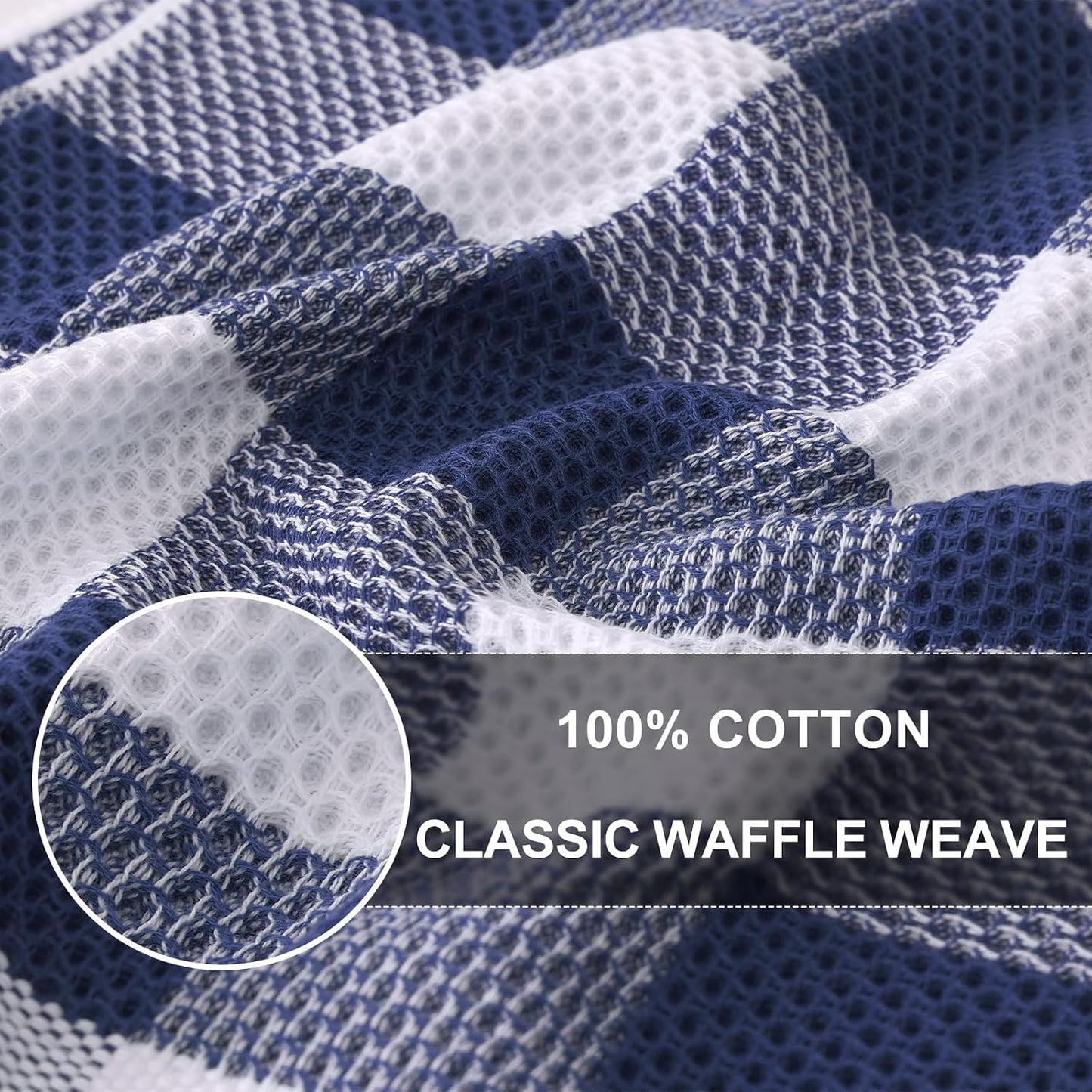 Homaxy Kitchen Towels and Dishcloths Set, Set of 12, White & Navy Blue | Bulk Cotton Waffle Weave Check Plaid Kitchen