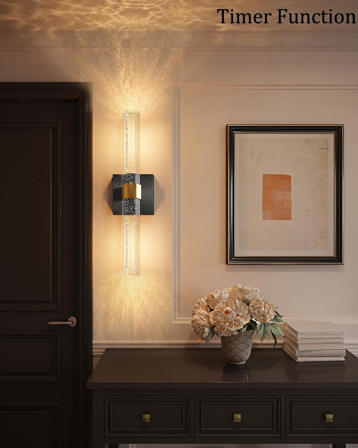 Battery Operated Wall Sconces Set of 2, Black Gold Bubble Crystal 18.4 Inch | LED Wireless Rechargeable Wall Lights