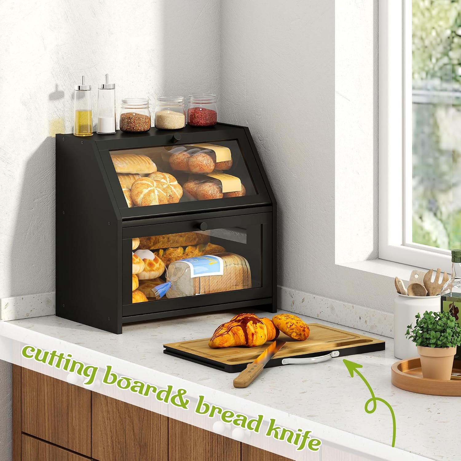 BMOSU Bread Box with Cutting Board Kitchen Bread Storage Organizer Farmhouse Countertop Double Bamboo Wood Bread