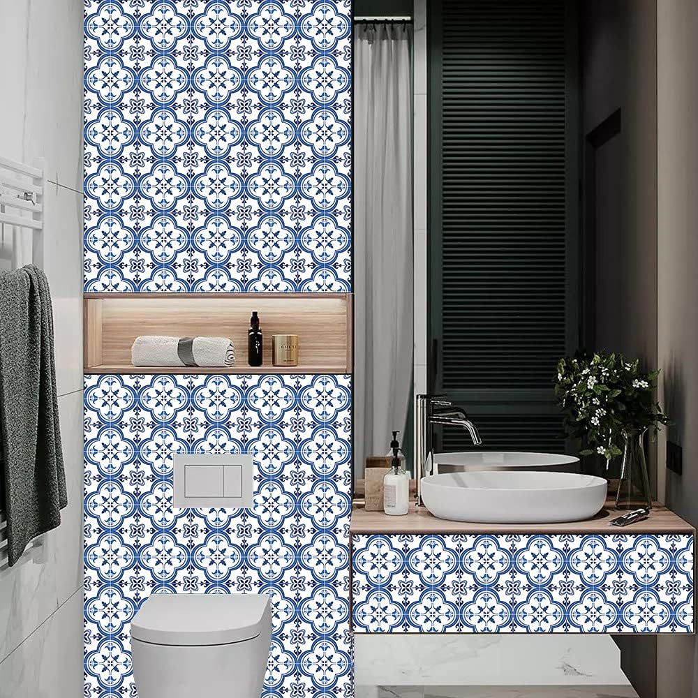 Decorative Tile Stickers Set 12 Units Peel and Stick Self Adhesive Removable Talavera / Blue / 6 x 6