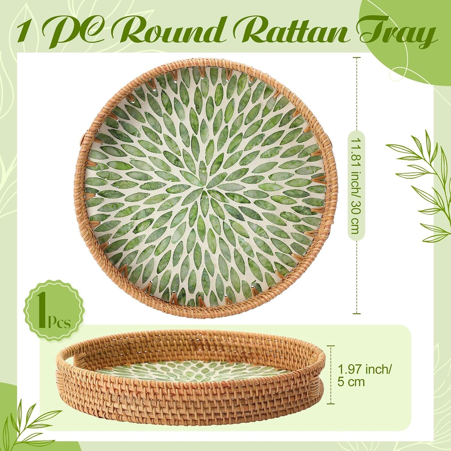 1 PC Round Rattan Tray / 11.8 / Green Leaf / 11.8 Inch