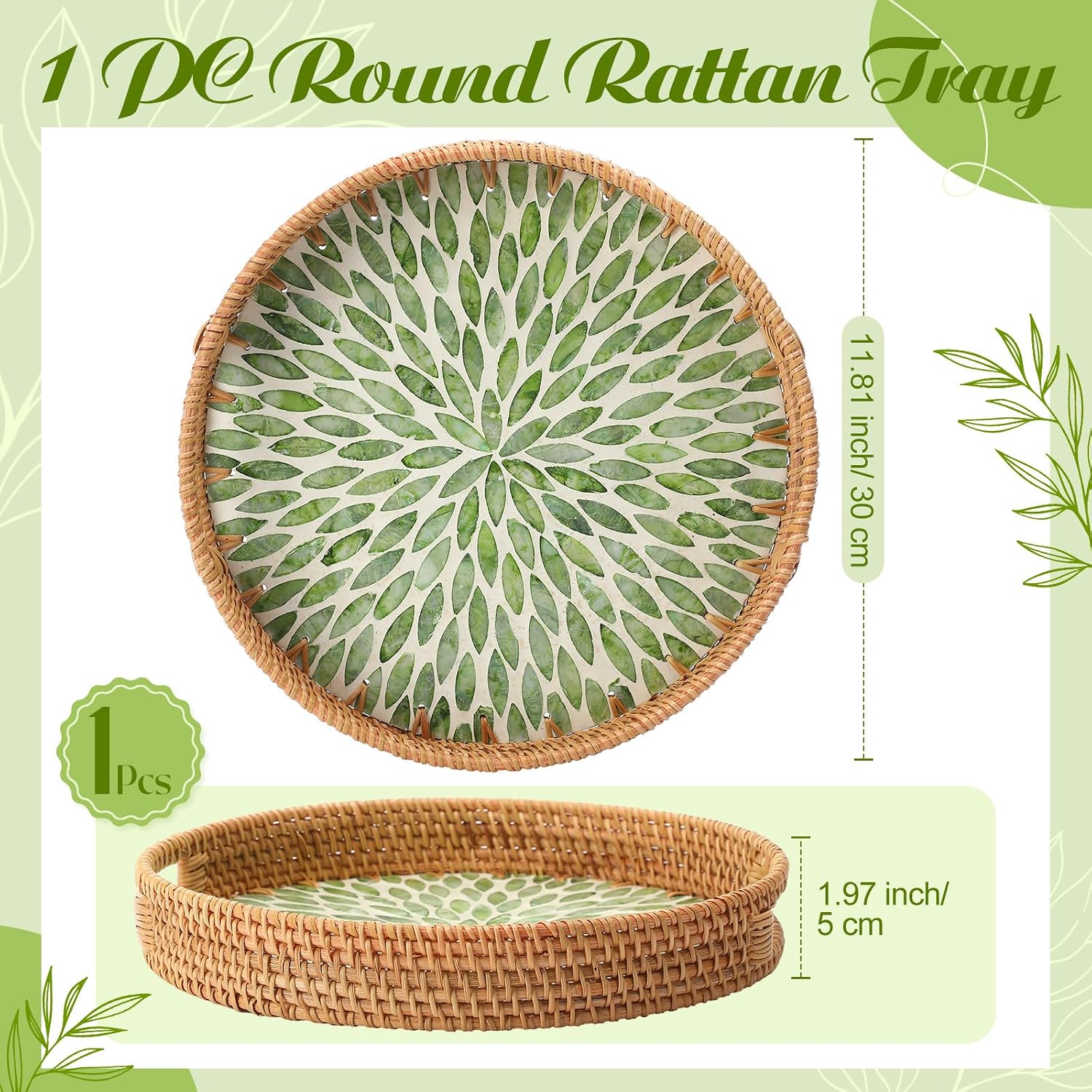 1 PC Round Rattan Tray / 11.8 / Green Leaf / 11.8 Inch