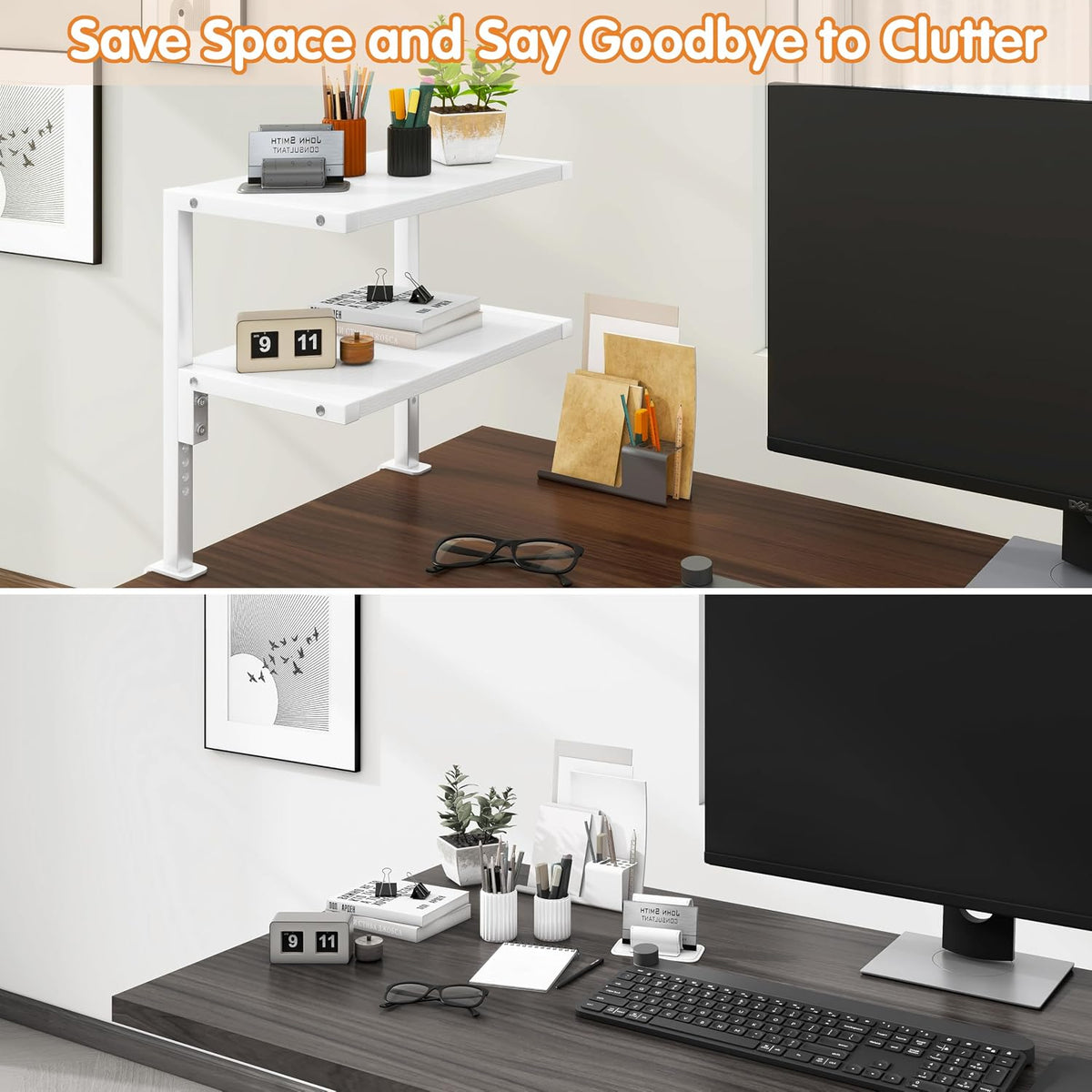 IBUYKE Clamp on Desk Organizer Shelf,Desk Extender Shelves UTMZ007W | 12.9 inches,2-Tier Adjustable Storage Shelves