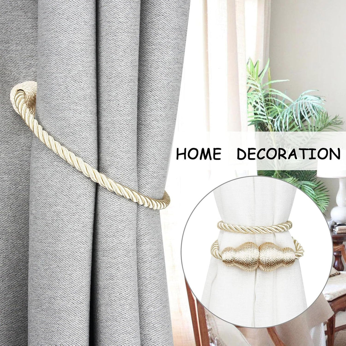 Magnetic Curtain Tiebacks Decorative Curtain Holders for Drapes Nieffeiy | 6 Pack Beige Outdoor Tie Backs Rope Window