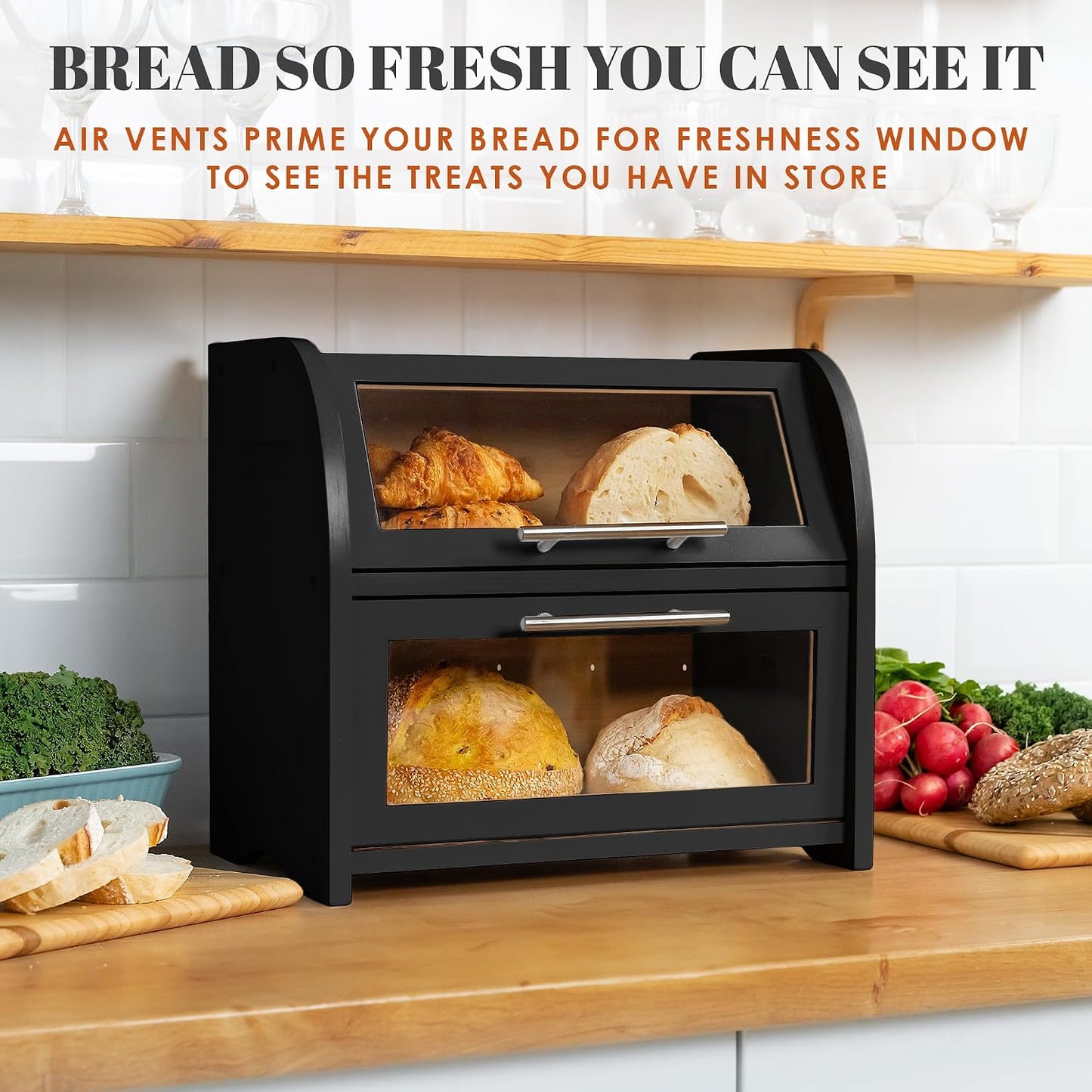 Arise Stylish Bamboo Bread Box for Kitchen Countertop, Extra Large 2-Shelf Wooden Bread Storage Container with Clear