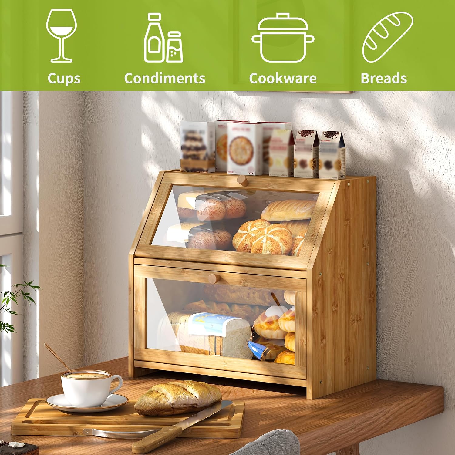 BMOSU Bread Box with Cutting Board Kitchen Bread Storage Organizer Farmhouse Countertop Double Bamboo Wood Bread