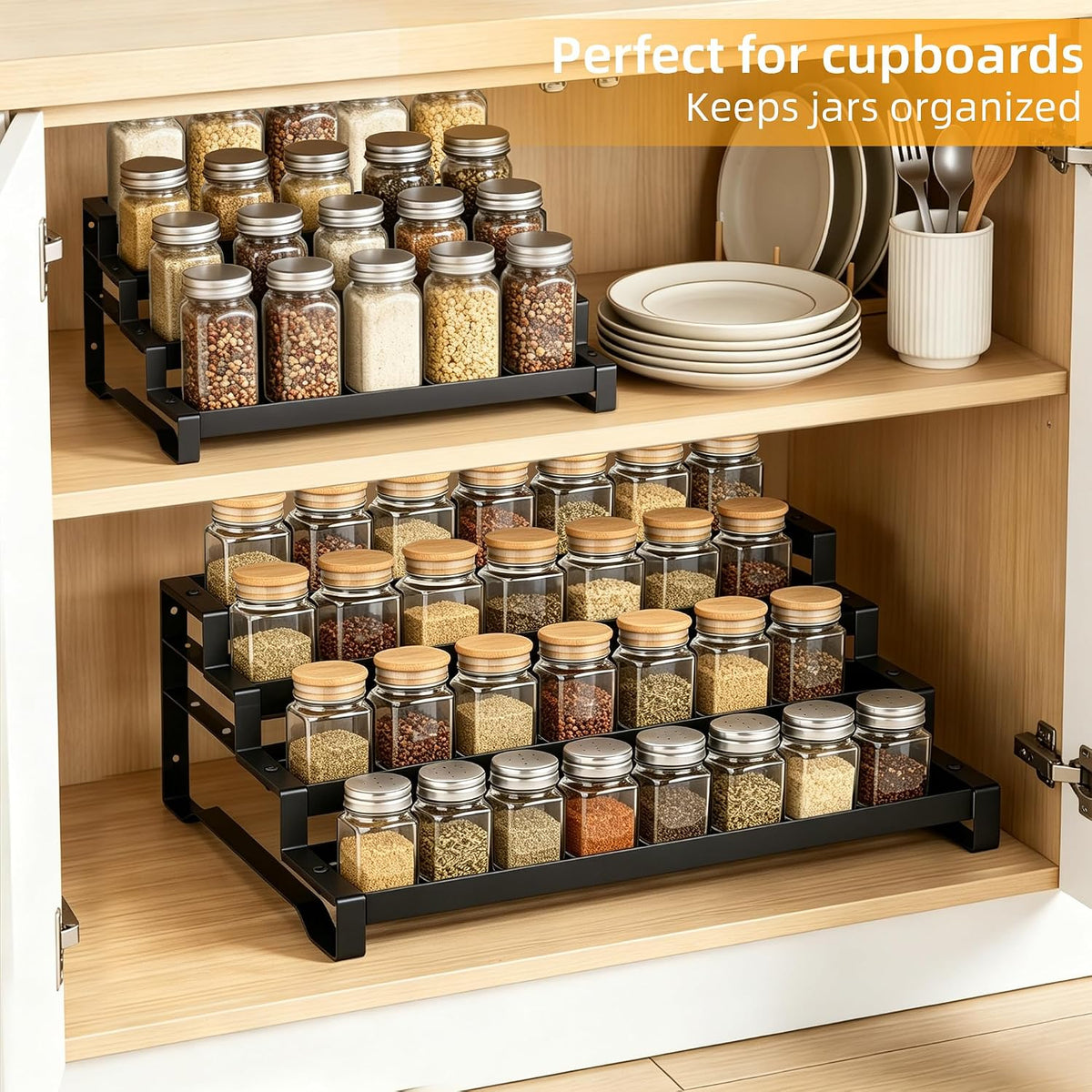 Spice Rack Organizer for Cabinet, 13-21.5" Expandable Spicy Shelf | 11.6" Depth 4-Tier Black Metal Seasoning Organizer