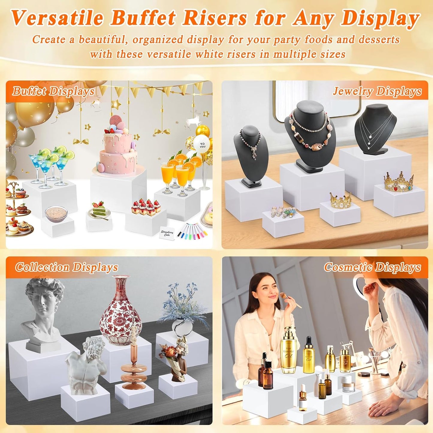 White Acrylic Buffet Risers and Stand Food Risers with Mini Sign and Maker | Food Display Stands for Buffet Table Party