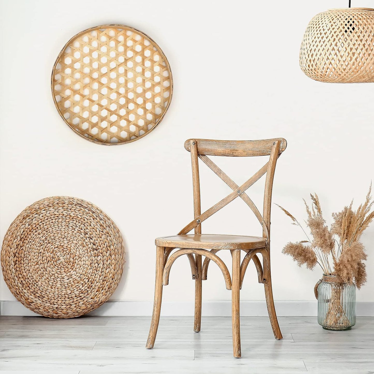 Boho Wall Basket Decor Round Rattan Hollow Bamboo Baskets Flower Shape Flat Woven Wall / Set of 4