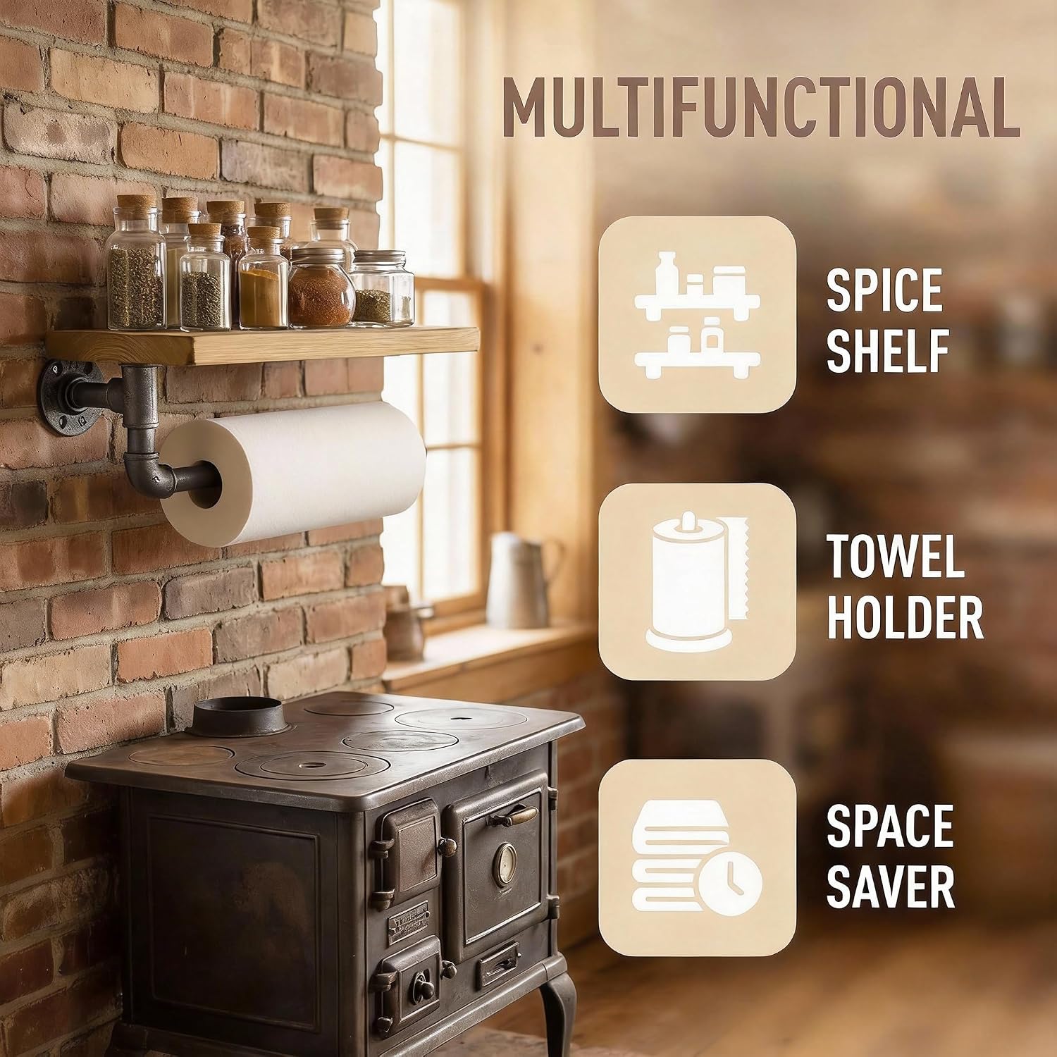 Industrial Vintage Paper Towel Holder Gordon with 13"x6" Shelf Spice Rack TPD-004, Steampunk Loft Style Wall Mount
