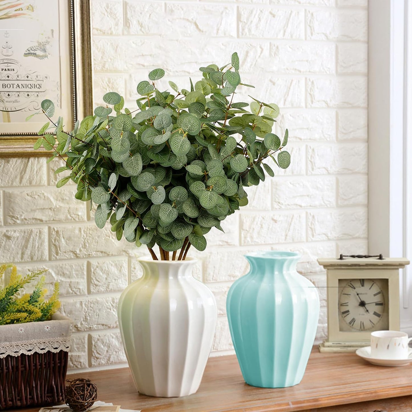 6 Bunches Artificial Eucalyptus Stems 24" Faux Eucalyptus Leaves Branches Silk Fake Foliage / Green
