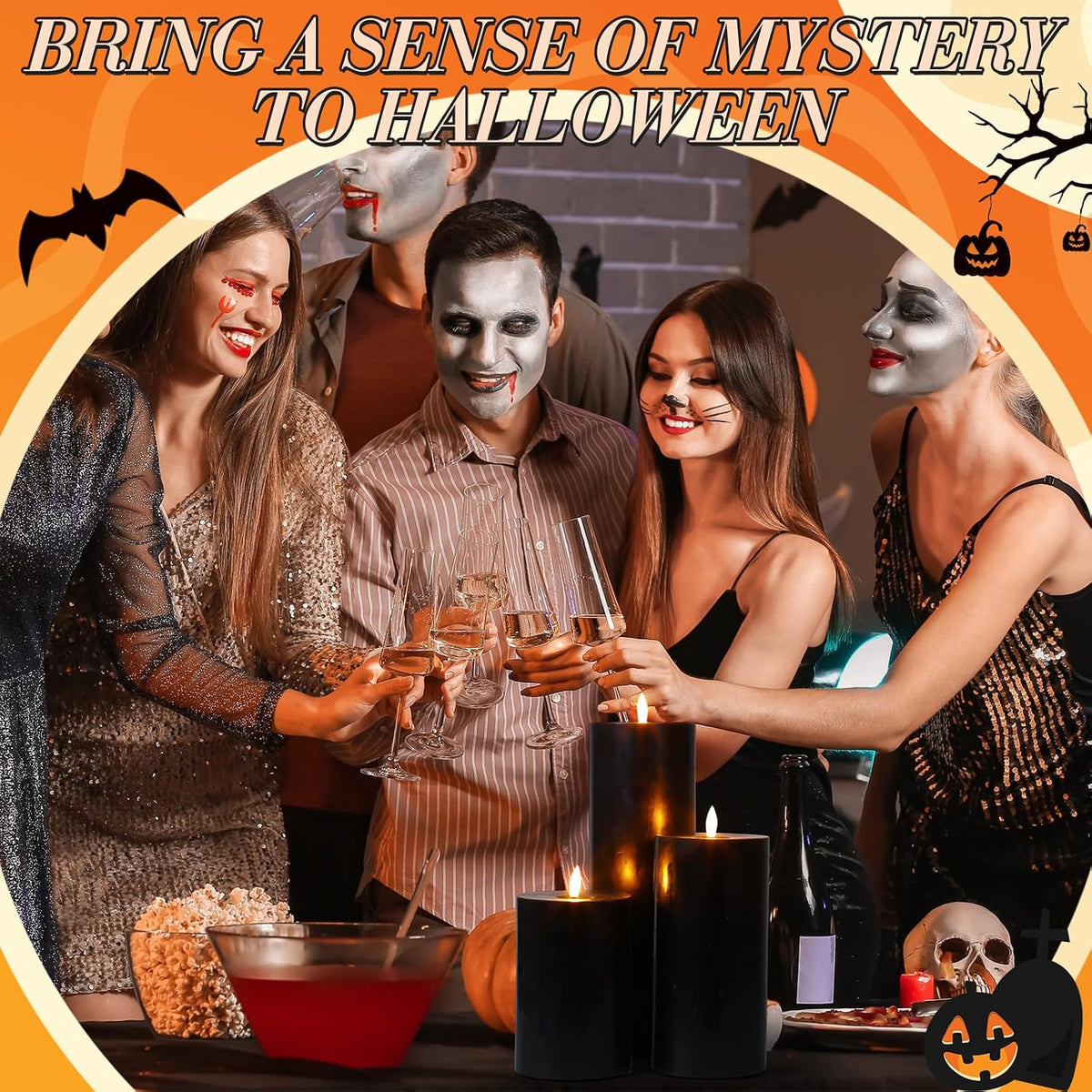 3 Pcs Halloween 6/8/12 Inches Black Flameless LED Candles with Remote and 2/4/8h Timer Battery Operated Electric Wax