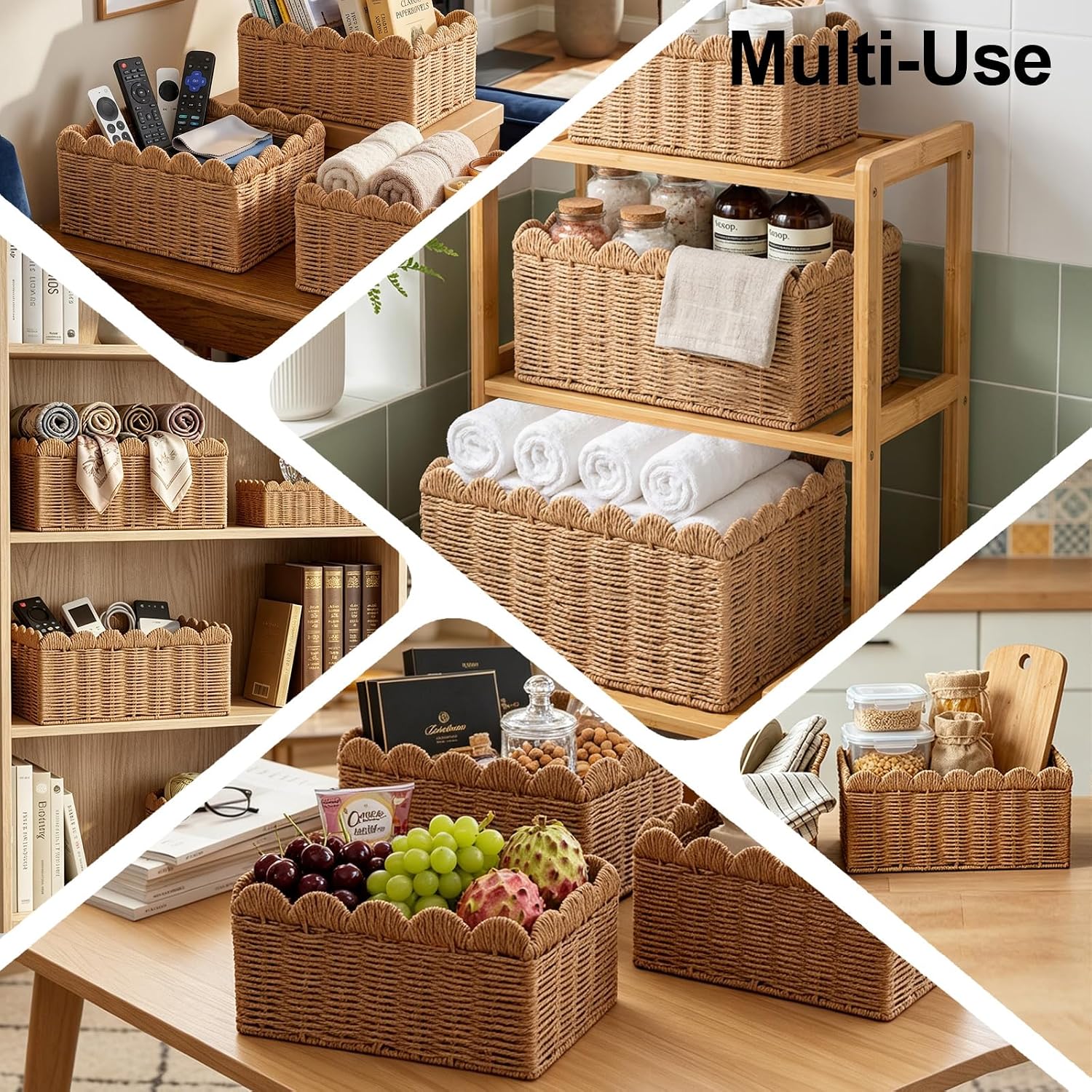 Scalloped Baskets / Wicker Storage Baskets / Brown / Set of 3