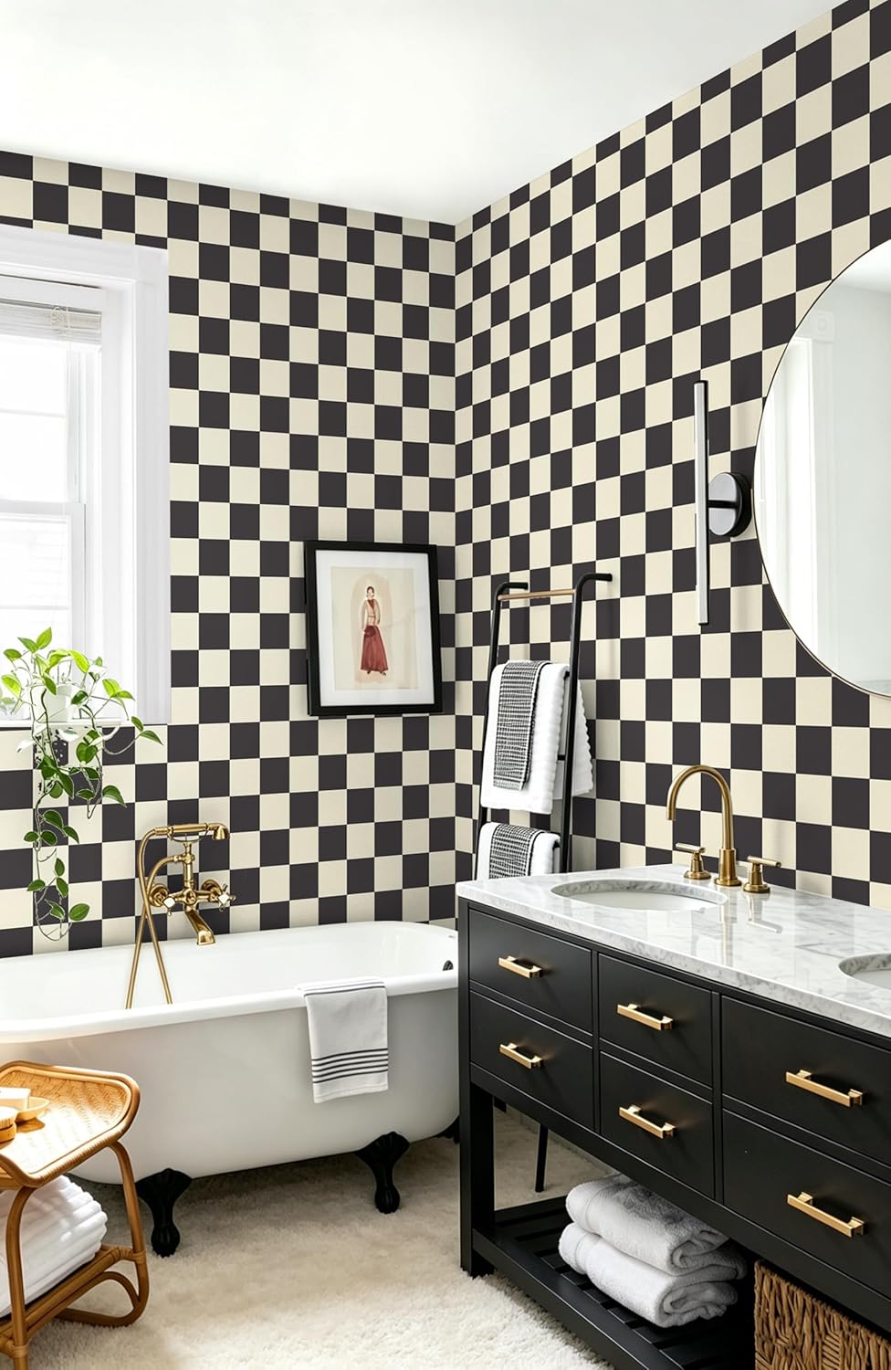 Checkered Wallpaper Black and White Cream Peel and Stick Wallpaper / 17.3 x 393.7 / Black and Cream