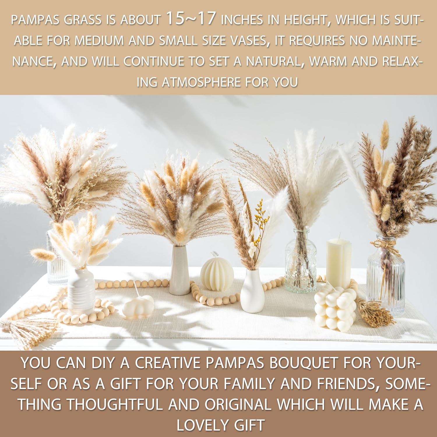 Dried Pampas Grass Boho Home Decor Bouquet Phragmites Dried Flowers Bouquet / Natural / Set of 130