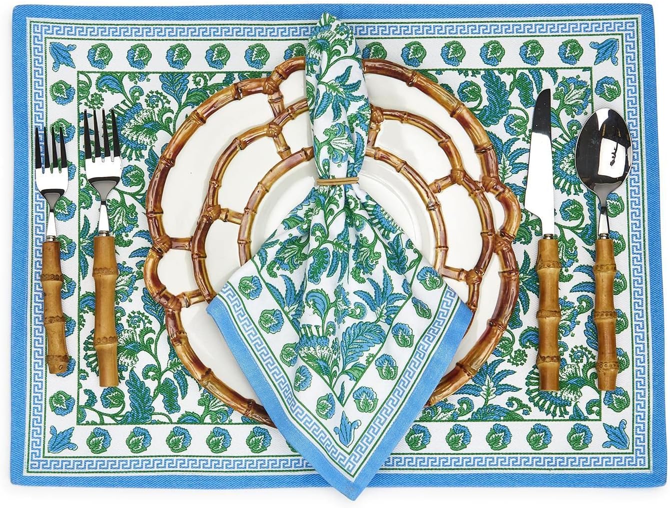Two's Company Hampton Set of 4 Block Print Cloth Napkins - Cotton