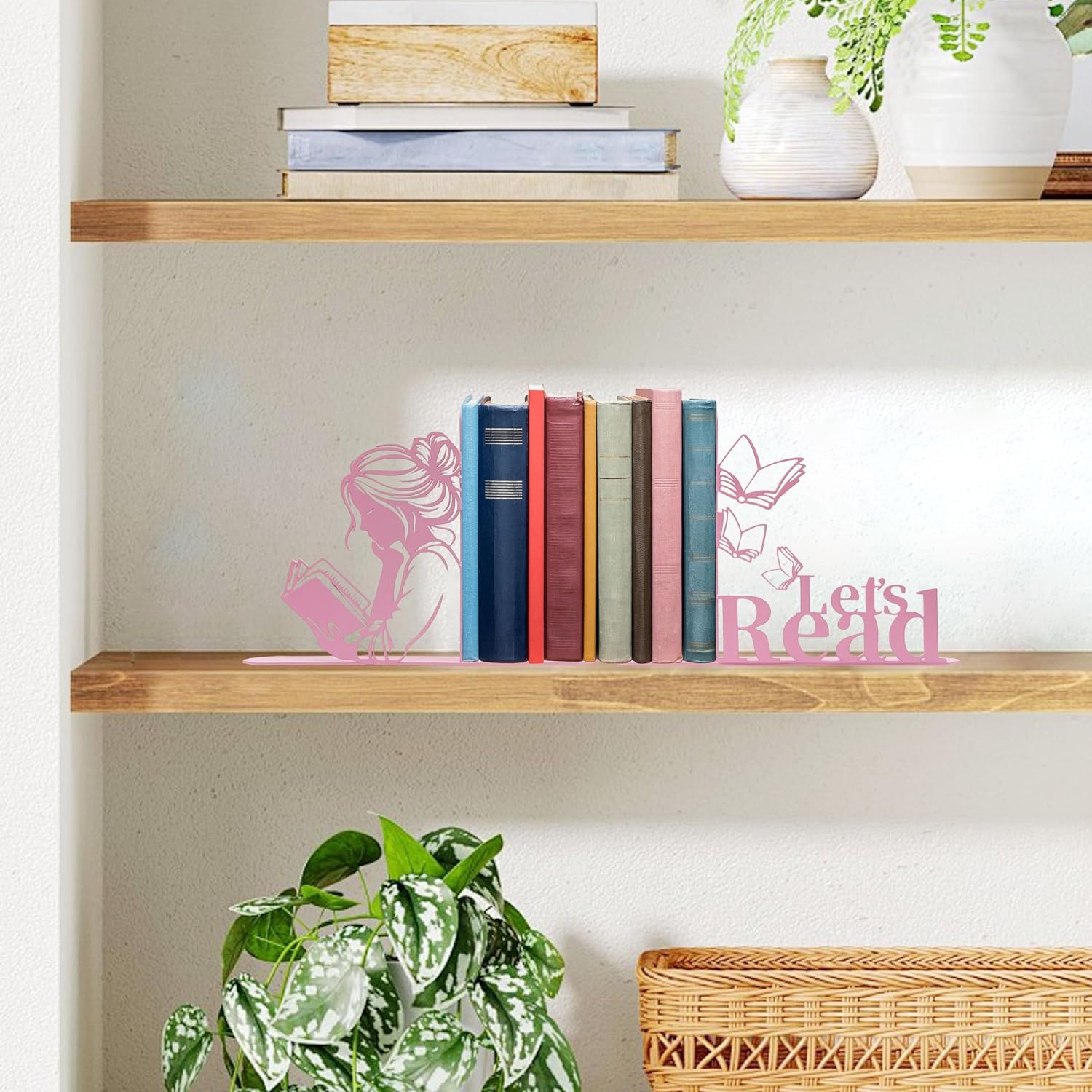 Metal Girl Reading Book Bookends / Pink