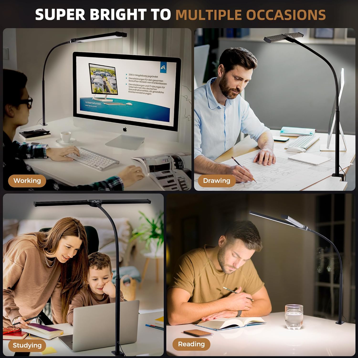 Motumen Led Desk Lamp for Home Office, Eye-Care Desk Light Clamp, Black | Smart Double Head Computer Monitor Table Clip