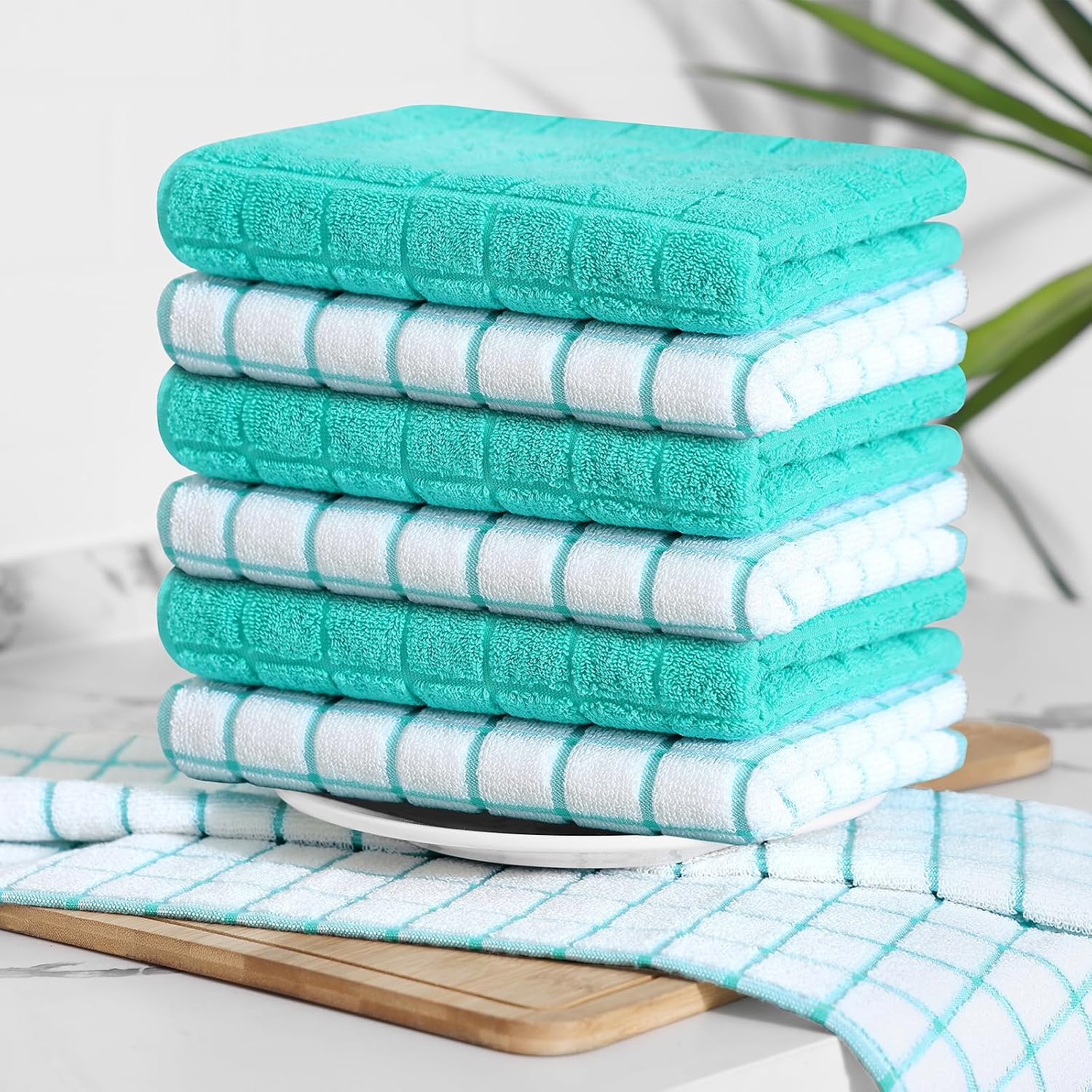 Homaxy Large Premium Cotton Kitchen Towels 16"x 28", 6 Pack, Aqua | Natural Ring Spun 390 GSM Dish Towels, Super