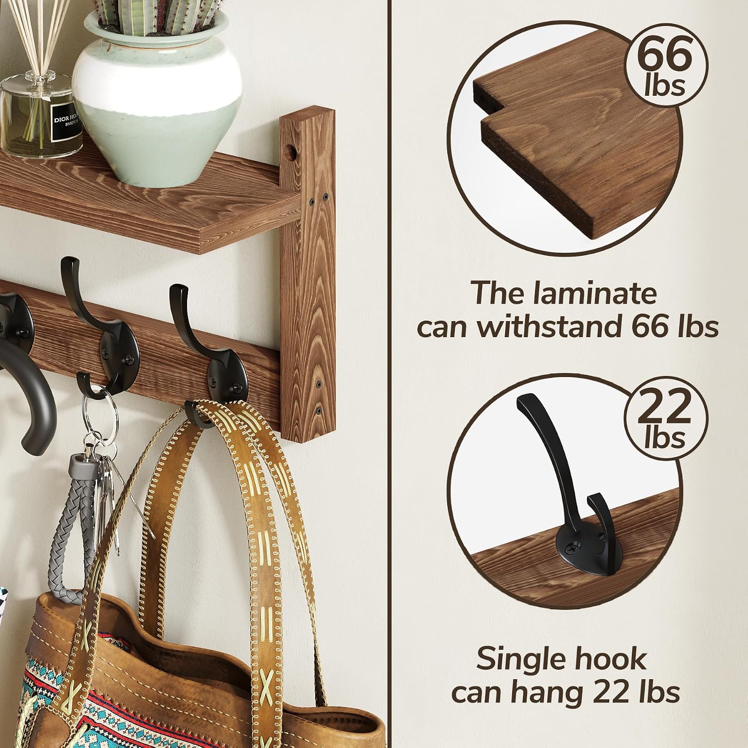 AMBIRD 34.2 inch Wooden Extra-Long Wall Hook Rack with Shelf - Versatile and Decorative Wall-Mounted Storage - 10 Hooks