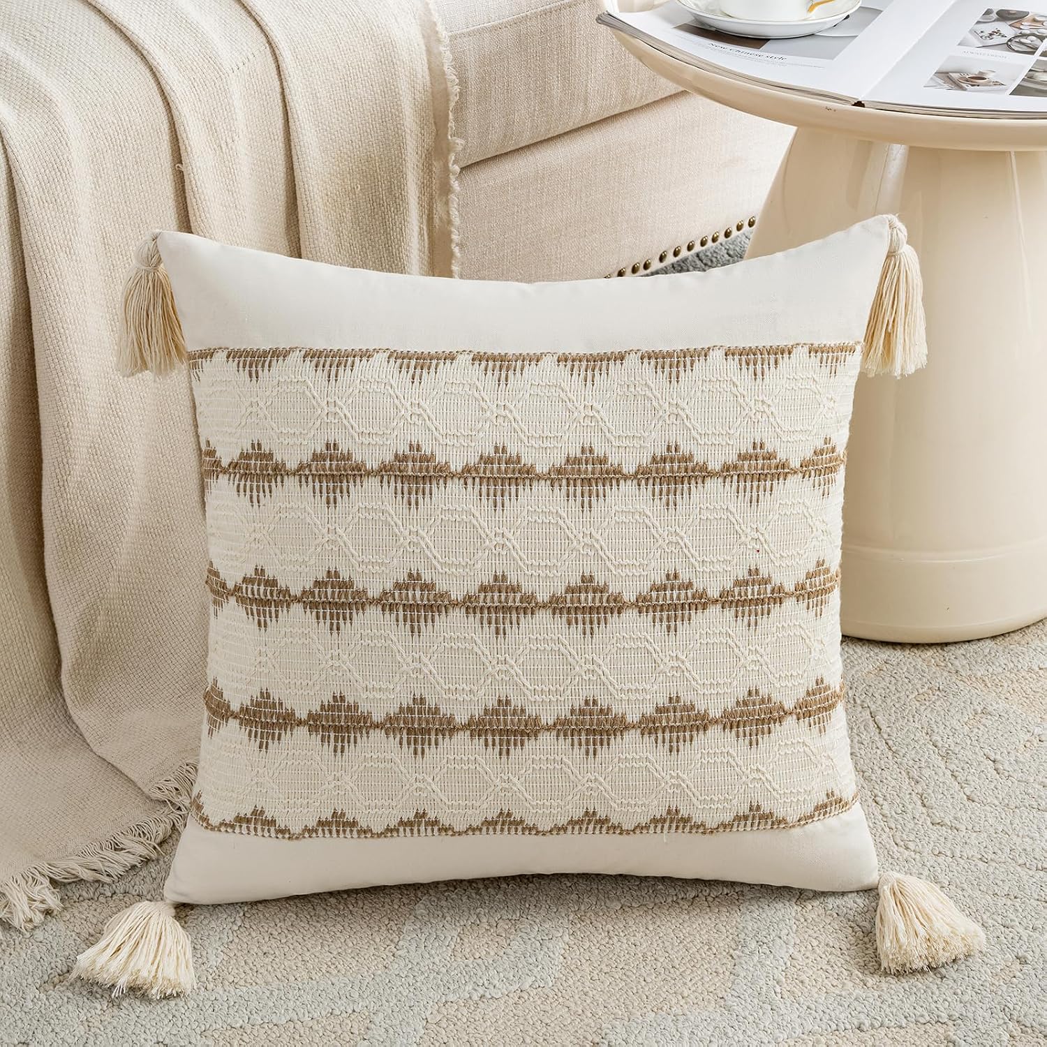 Neutral Decorative Throw Pillow Cover / 18 x 18 / Tan / Set of 2