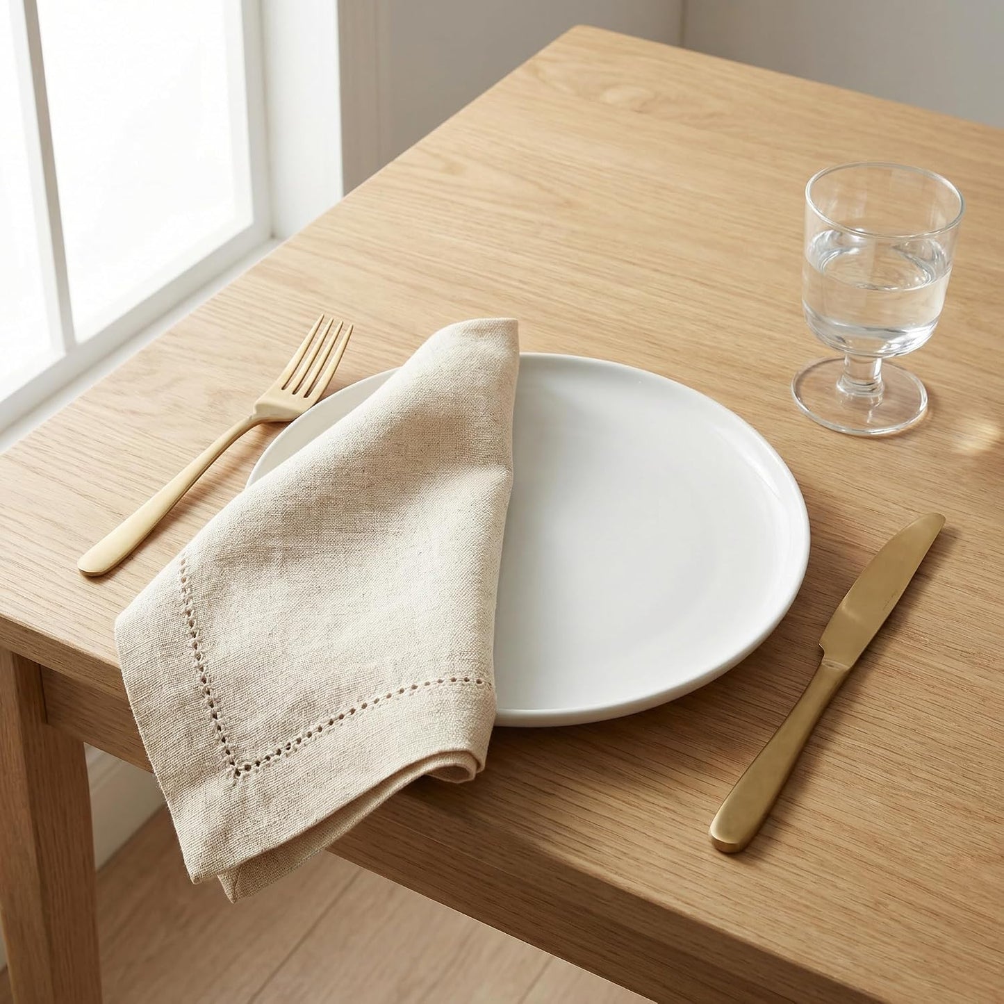 Set of 12 Flax Hemstitch Cloth Napkins 20x20 Inch - Natural | Premium Linen Cotton Reusable Dinner Napkin for Wedding