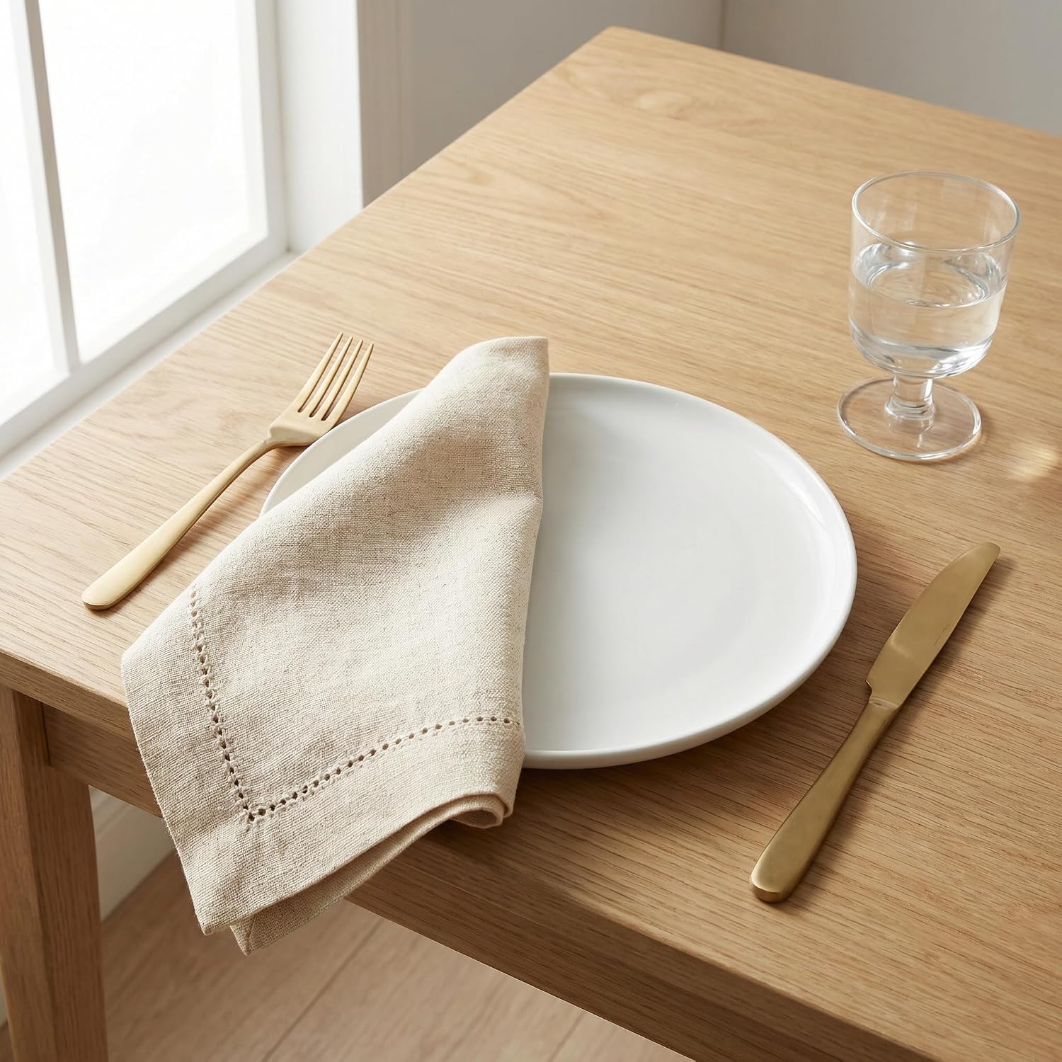 Set of 12 Flax Hemstitch Cloth Napkins 20x20 Inch - Natural | Premium Linen Cotton Reusable Dinner Napkin for Wedding