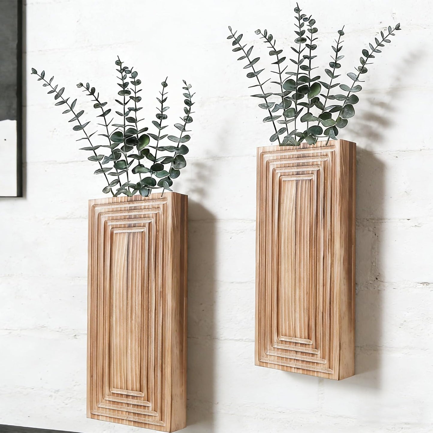 Wooden Wall Planter Vase / Burnt Brown with Eucalyptus / Set of 2