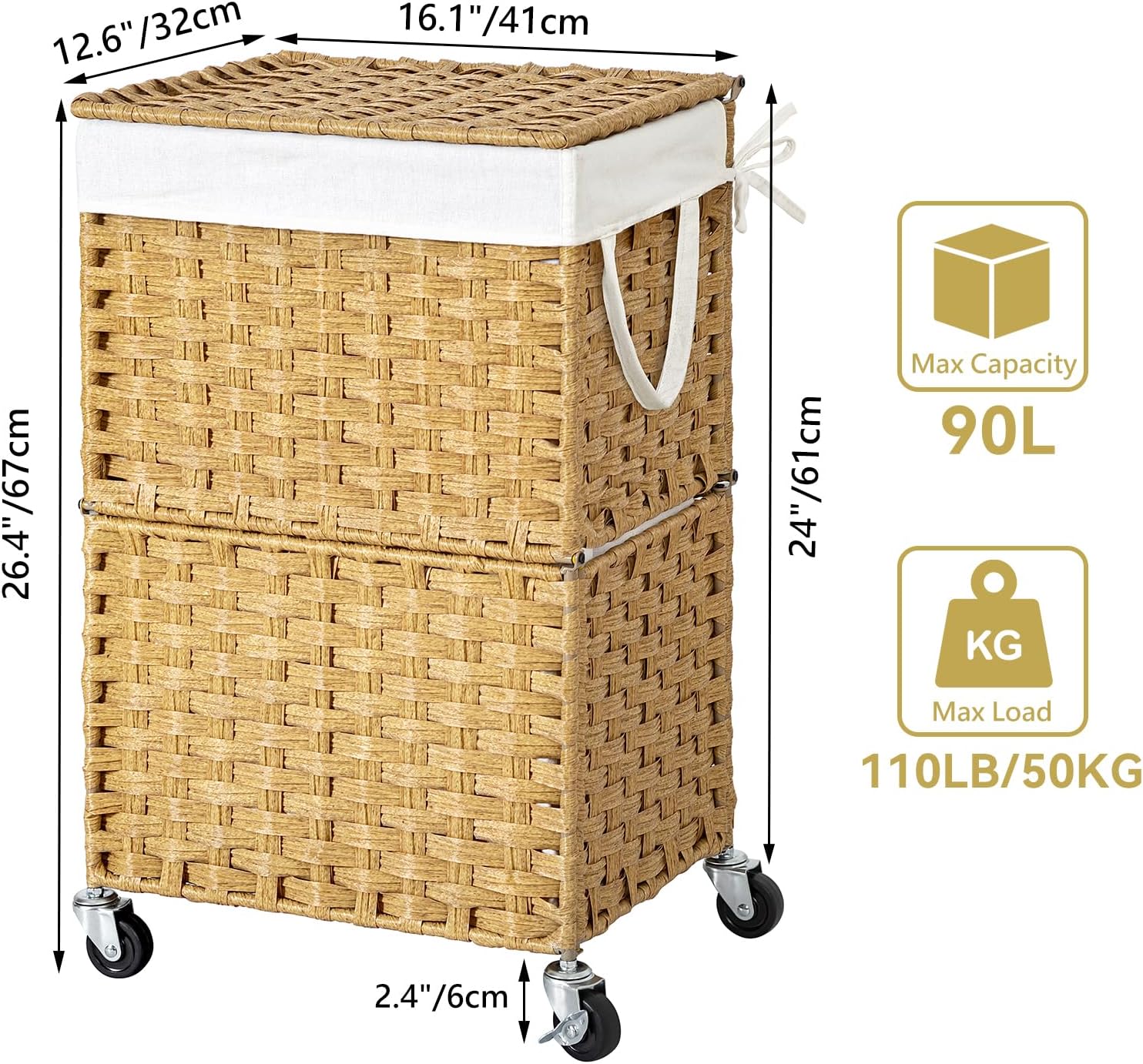 Rolling Laundry Basket / 90l / Yellow