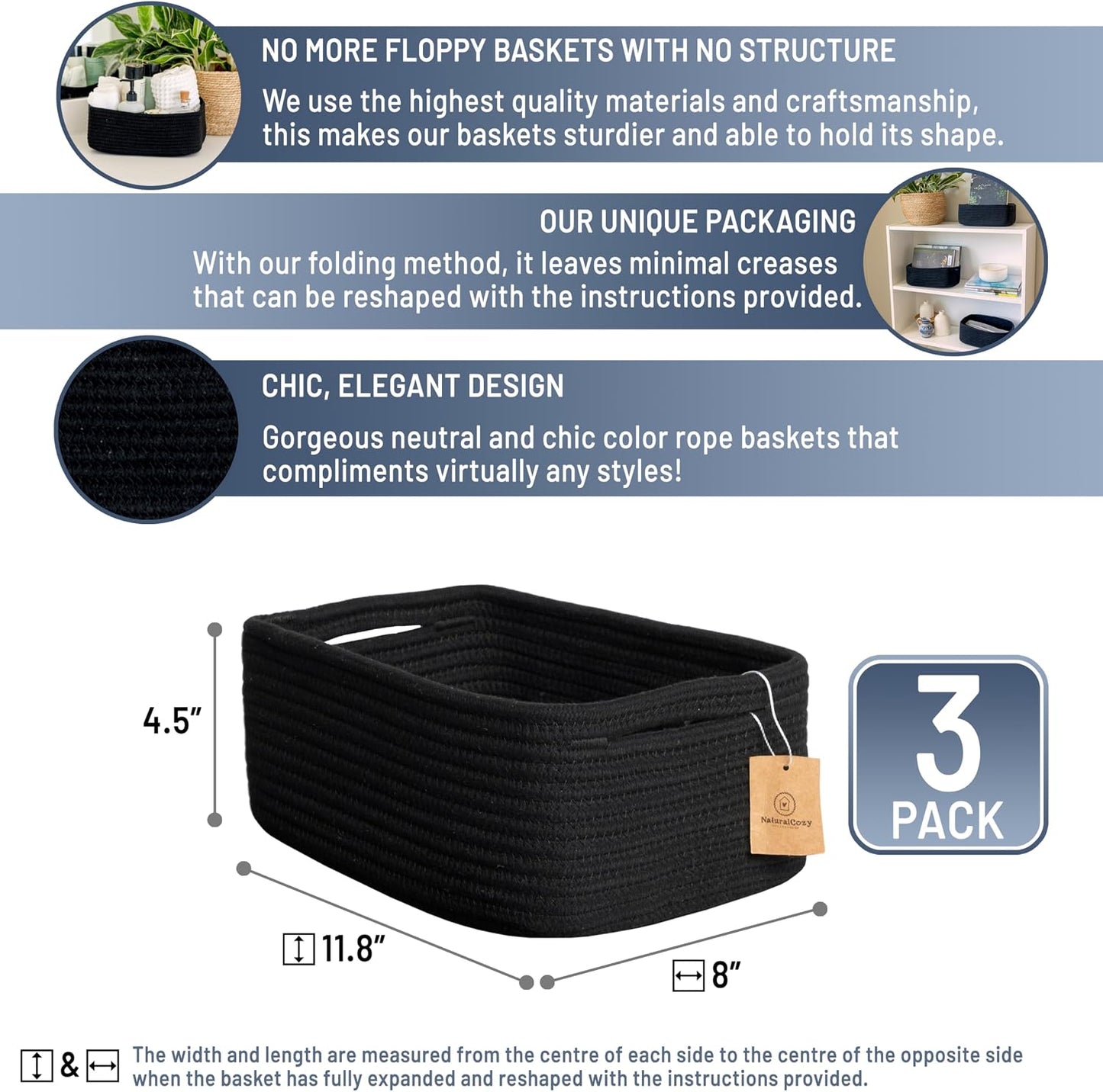 Cotton Rope Woven Small Baskets for Organizing / Black / 11.8 x 8 x 4.5 / Set of 3