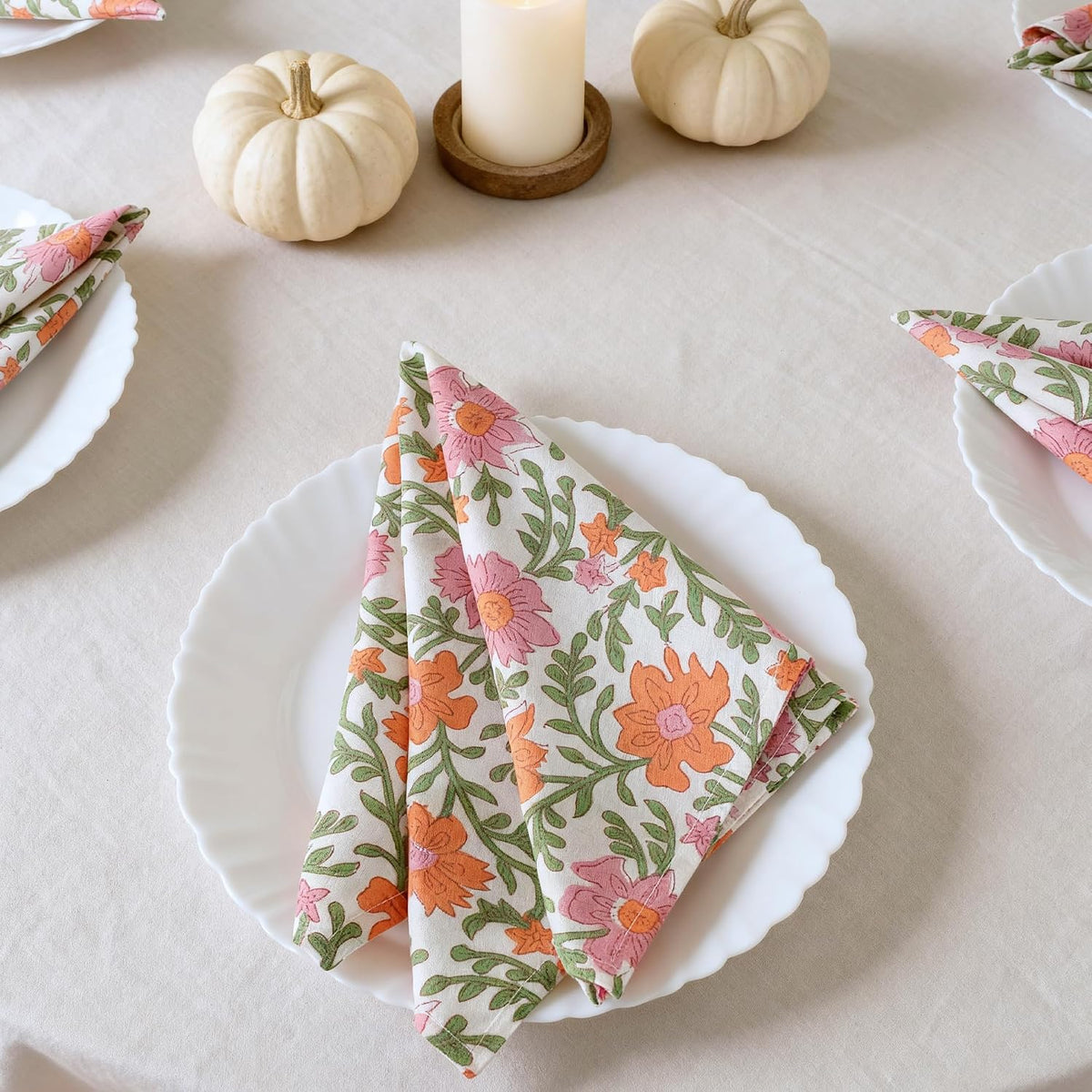 Floral Cloth Napkins Set of 12, 100% Cotton Reusable Dinner Napkins, Block Print Inspired, 18 x 18 Inch Table & Kitchen