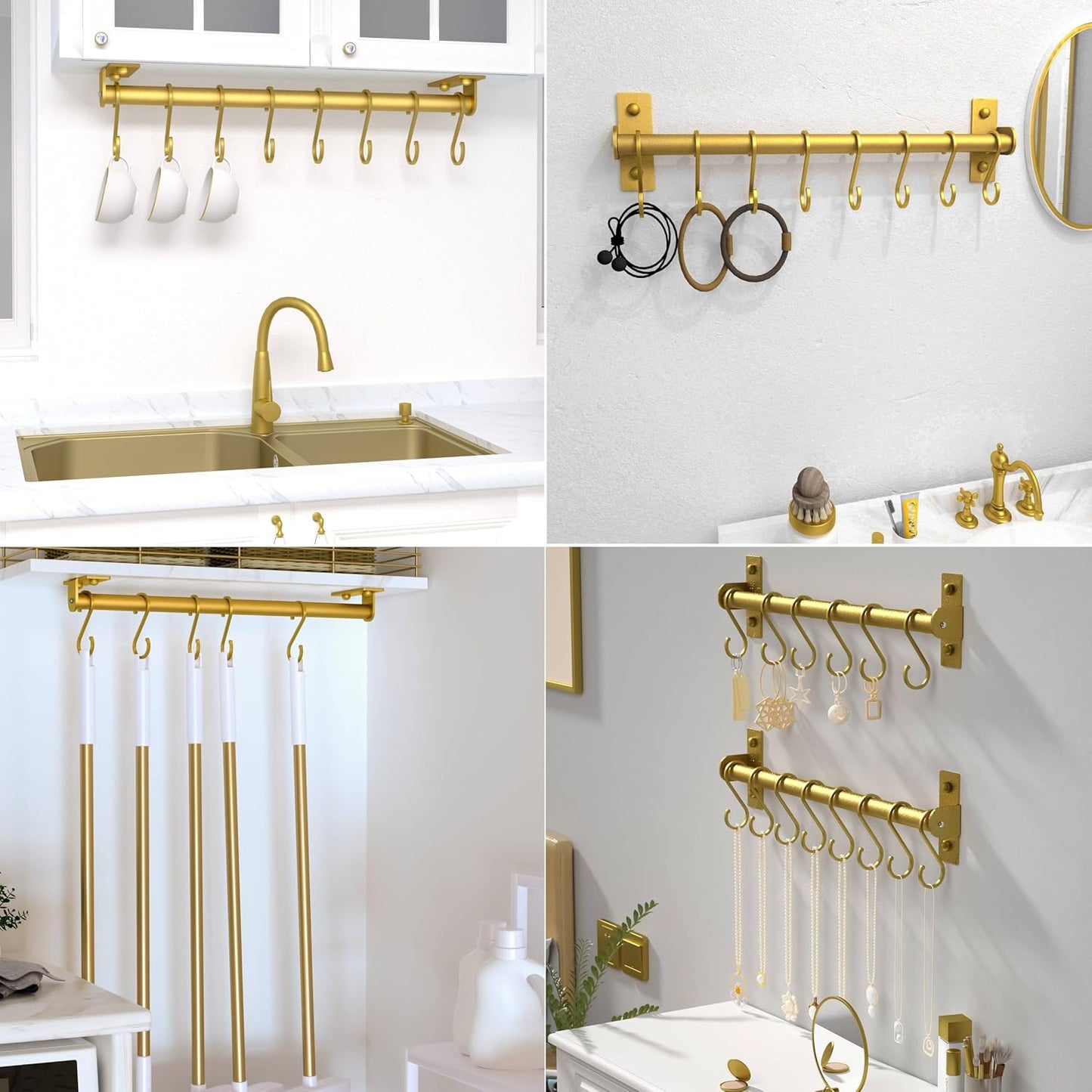 Kitchen Utensil Holder Hanger, Pot and Pan Rack Wall Mounted, Kitchen Rail with 8 Hooks for Hanging Cooking Utensils