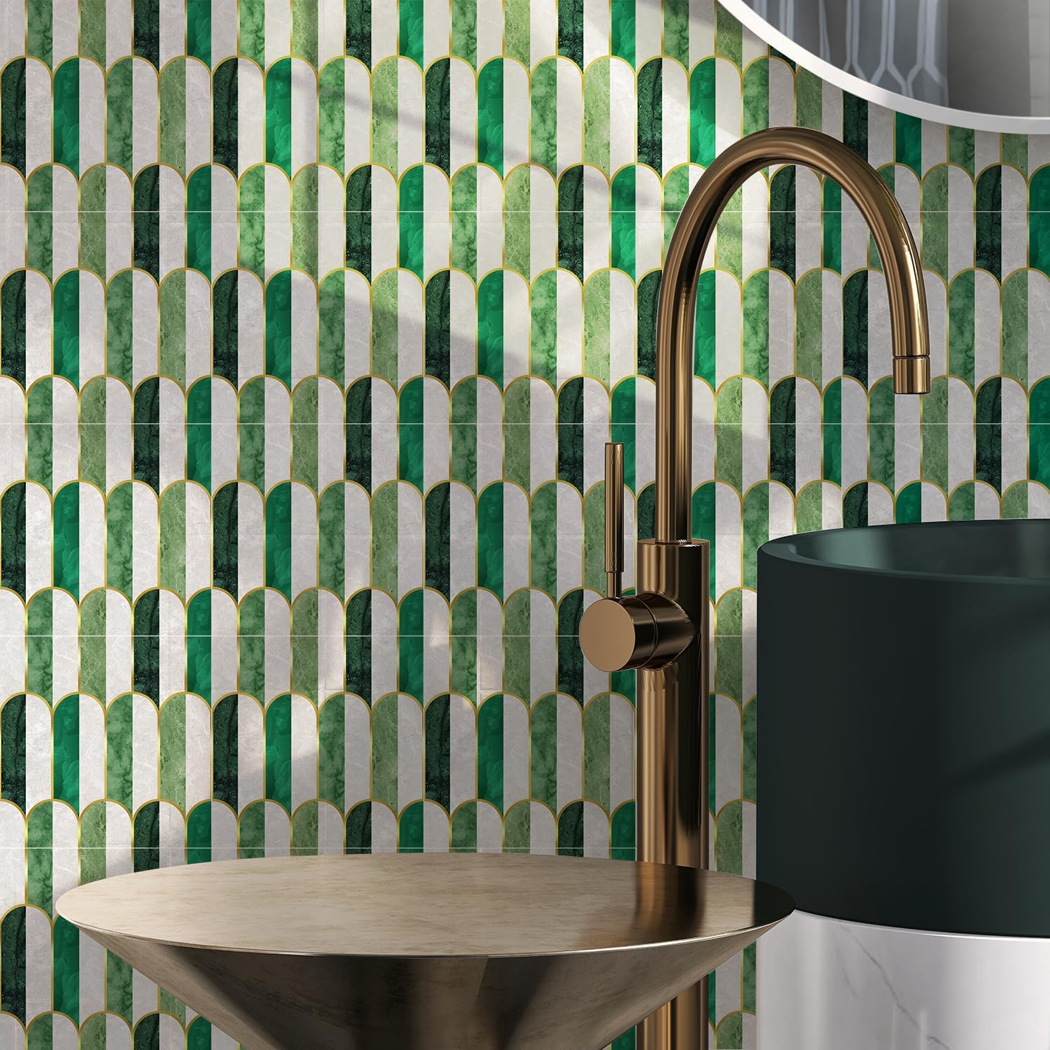 Holographic Emerald Art Deco Peel and Stick Backsplash / Arch Mosaic / 5.9 x 5.9 / 10 Sheet