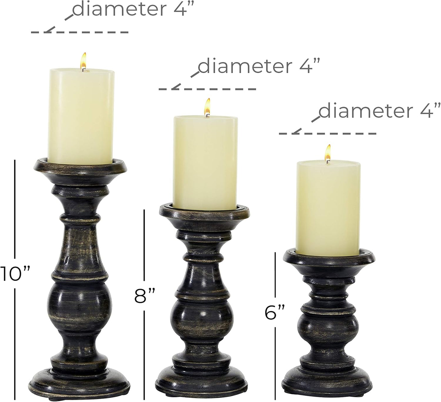 Deco 79 Mango Wood Decorative Candle Holder Distressed Turned Pillar Candle Stand, Set of 3 Candlestick Holder 6", 8"