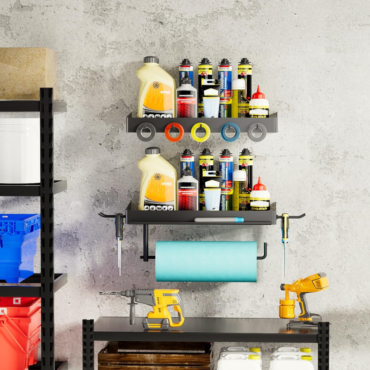 SUNTECH Garage Paper Towel Holder with 2 Shelves, Wall-Mount (Black) | One-Hand Tear Design, Comes with 2 hooks