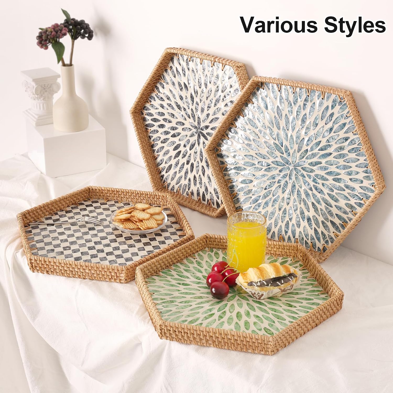 Hexagon Rattan Tray / Green Leaves