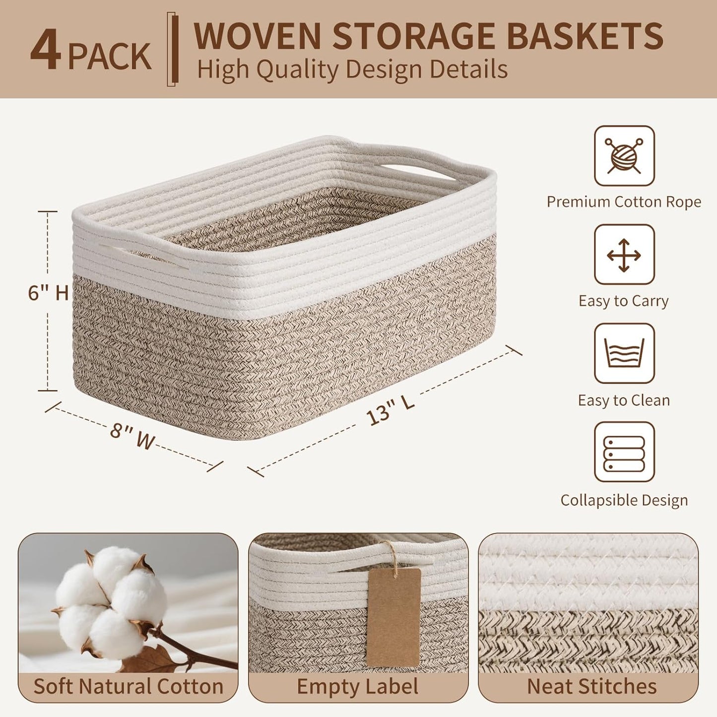 Rectangle Woven Baskets for Organizing / Light Brown & White / Set of 4