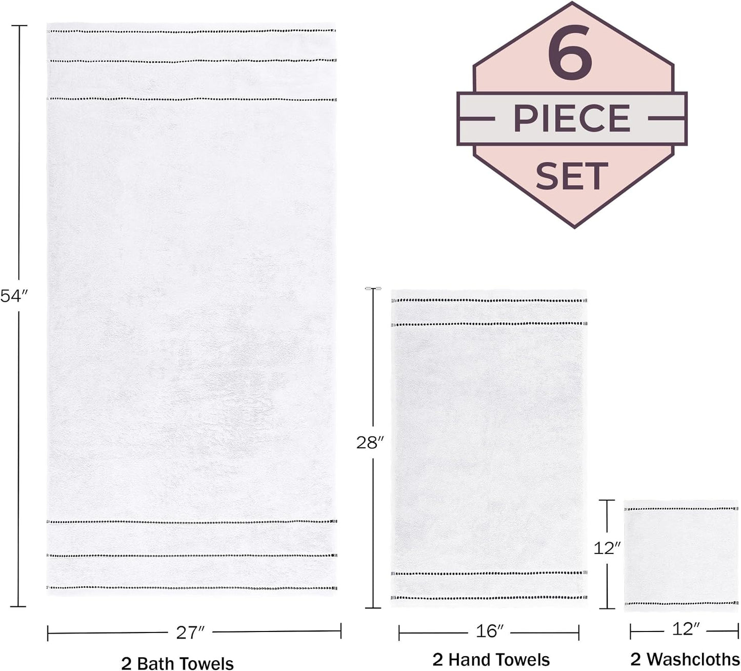 Lavish Home Bathroom Towels Set, Bathroom Accessories, White, Set of 6 | Includes 2 Bath Sheets, 2 Hand Towels, and 2